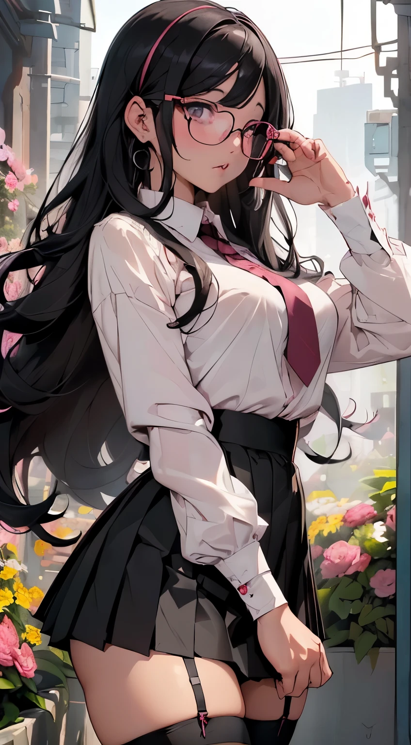 (Black Long Hair)、 posterior view、 (A detailed eye、二重まぶた、eye glasses、A slight smil、Open mouth and happy smile)、 (School Uniforms:1.3)、(tight mini pleated skirt:1.3)、(Skirt lift:1.3)、(Show white sexy panties:1.2)、(Black garter belt:1.3)、(Black thigh socks:1.3)、 ((Medium chest)) 、((Cameltoe:1.3)、Model body type、(Slim waist)、(zettai ryouiki:1.3))、Lots of flowers background (5Fingered hand、Highly detailed facial and skin texture)、 (Super close-up looking up from below:1.2)、Focus on the crotch、(Looks Back:1.2))、((top-quality、8K,masterpiece:1.3))、(Beautiful woman with perfect figure:1.4)、(Background of many blooming roses:1.3)