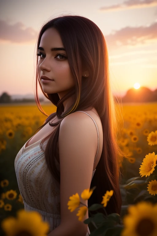 Two  high school girls, very long hair like Rapunzel, flower crown on head,princess face,innocent,tender, small face, small nose, small lips, expressive eyes,thin eyebrows,totally naked without clothes ,erect nipples,big breasts, thin waist, long and shapely legs, whole body,barefoot, foot ankle bracelet,sunflower field,in the background a wooden cabin, blue sky,(showing buttocks and looking back) (views from behind) ultra high definition, realist, vivid colors, muy detailed, UHD drawing, Pen and ink, perfect composition, beautiful, detailed, intricate, increíblemente detailed, octane rendering, trend on Artstation, 8k art photography, photorealist concept art, Soft natural volumetric cinematic perfect light