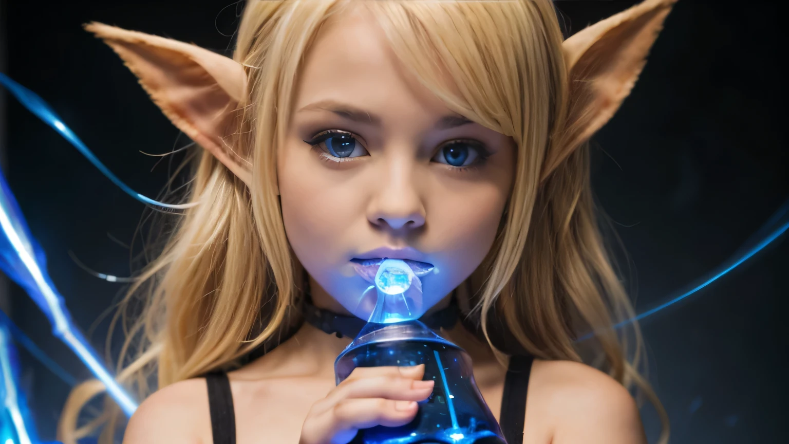Cute portrait of a blonde elf child holding a jack-o'-lanterna azul, laser azul..