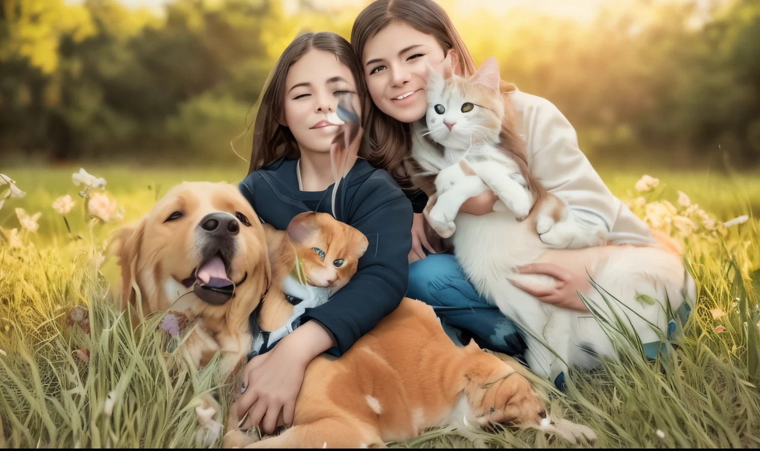 there are two girls and a cat sitting on the grass, pet animal, pets, Gato, cane, hybrid, foto de familia, imagem muito clara, there is a cat next to her, gato em cima do cachorro, plush mix for dog and cat, com cachorros, imagem de perfil, happy family, animais, istockphoto, with stray dogs, Um elegante, pet, incredible, family portrait
