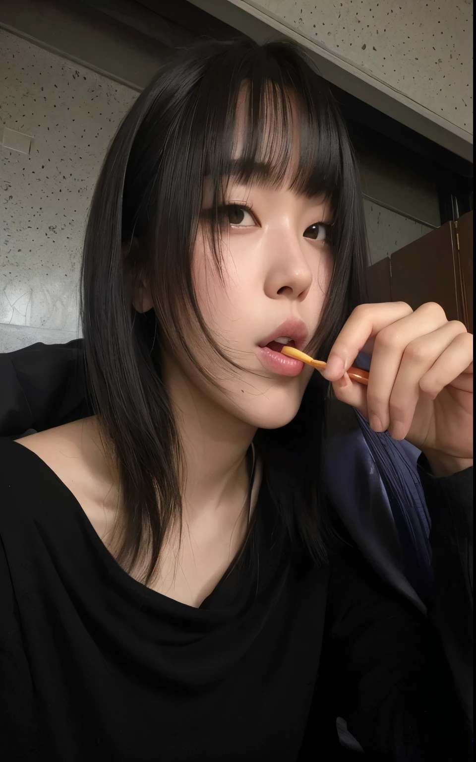 There is a woman who is brushing her teeth with a toothbrush, she has black hair con flequillo, con flequillo, ulzzang, Con pelo corto, muchacha coreana, con flequillo completo, neat hair con flequillo, heonhwa choe, comiendo fideos, el corte de hime, Jinyoung Shin, pelo cortado hime negro, jaeyeon nam, lee ji-eun