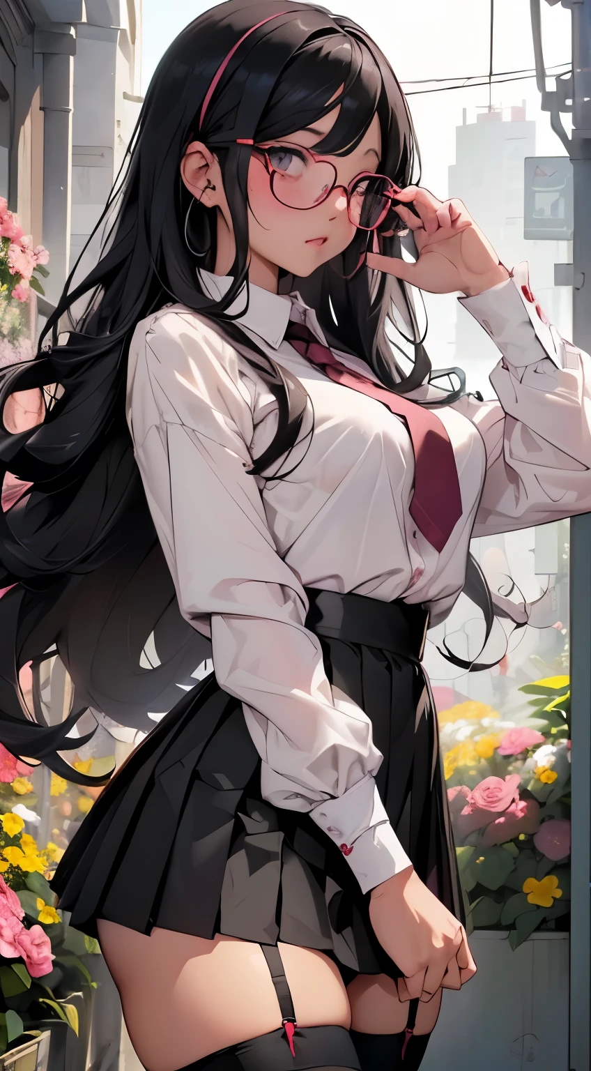(black wavy long hair、Sexy、detailed face、highly detailed eyes、double eyelid、Pink glasses、thick formal white shirt)、(Black short tight mini pleated skirt:1.3)、(Sexyピンクのパンティーが露出)、(pink short tie)、 (black garter belt:1.3)、(black thigh socks:1.3)、glamorous、slim waist、big ass、(zettai ryouiki:1.3)) 、(５Fingered hand、beautiful woman with perfect figure、High-definition skin texture)、 (super close up:1.3)、(look at the camera:1.5)、(Many colorful flowers bloom in the background:1.3)、 (highest quality、8K、masterpiece)、(Centered、Scale to fit、Rule of thirds)