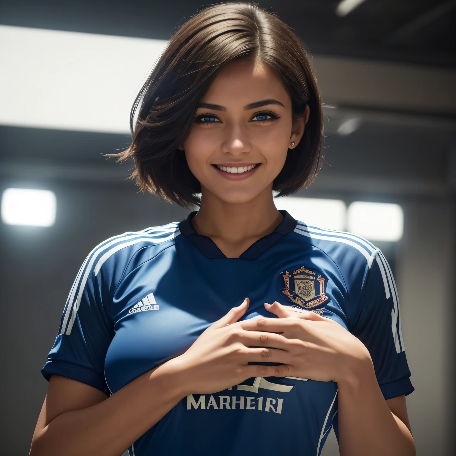(Isabel Merced, bob_cut_ hair, blue eyes, smiling, huge boobs:1.3), (dressed like a soccer player in a manchester unied jersey:1.3), Real Life, Ultra Realistic, Photorealism, Photography, 8K UHD, Photo, HDR, Complex and Elegant, Highly Detailed, Sharp Focus, Stunning, Beautiful, Gorgeous), (Masterpiece: 1.2, Best Quality 1:1, Ultra Detail: 1.2, Best Shadows, 8k: 1.1), (beautiful detailed face), high contrast, (perfect lighting: 1.2), (cinematic light)), colorful, hyper-detail, dramatic light, intricate detail, photograph by arny freytag