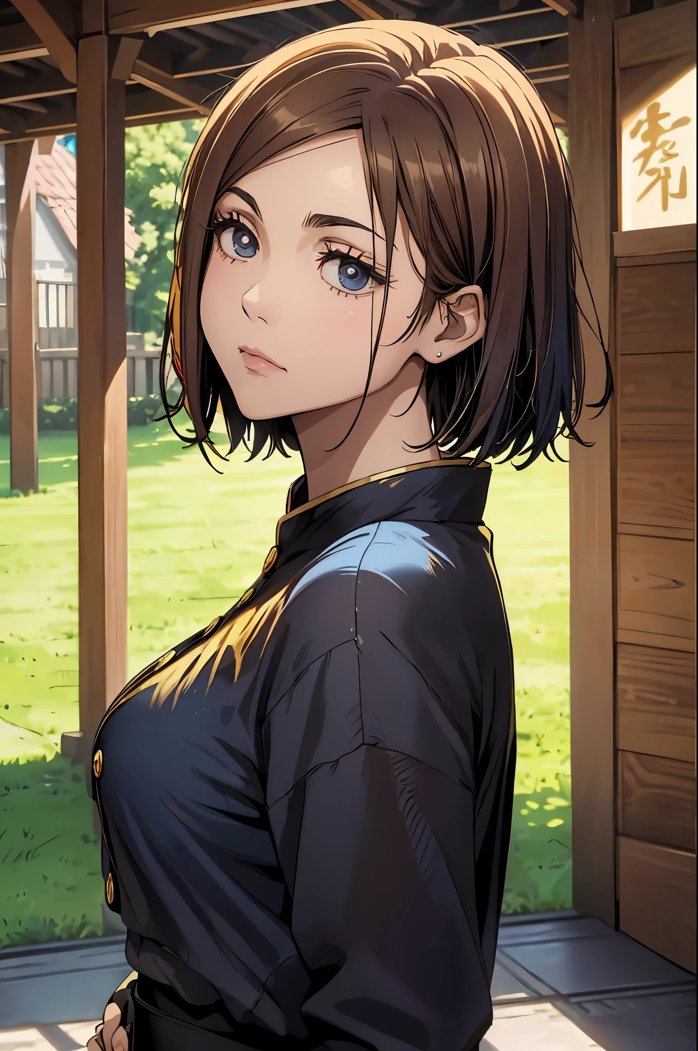 nobarajk , top-quality、Top image quality、masterpiece、teens girl((18year old、 Ager、Best Bust、Medium bust,wide open breast tea、light blue eyerest, black and golden hair、A slender,Large valleys、dye one's cheeks red、pretty pose)),hiquality、Beautiful Art、Background with((Inside the inn、natta、Red carpet))、masutepiece、depth of fields,a picture, (1Girl:1.4), (Solo:1.2), (Black shirt,Black pantsuit, button), brown hair, black eyes