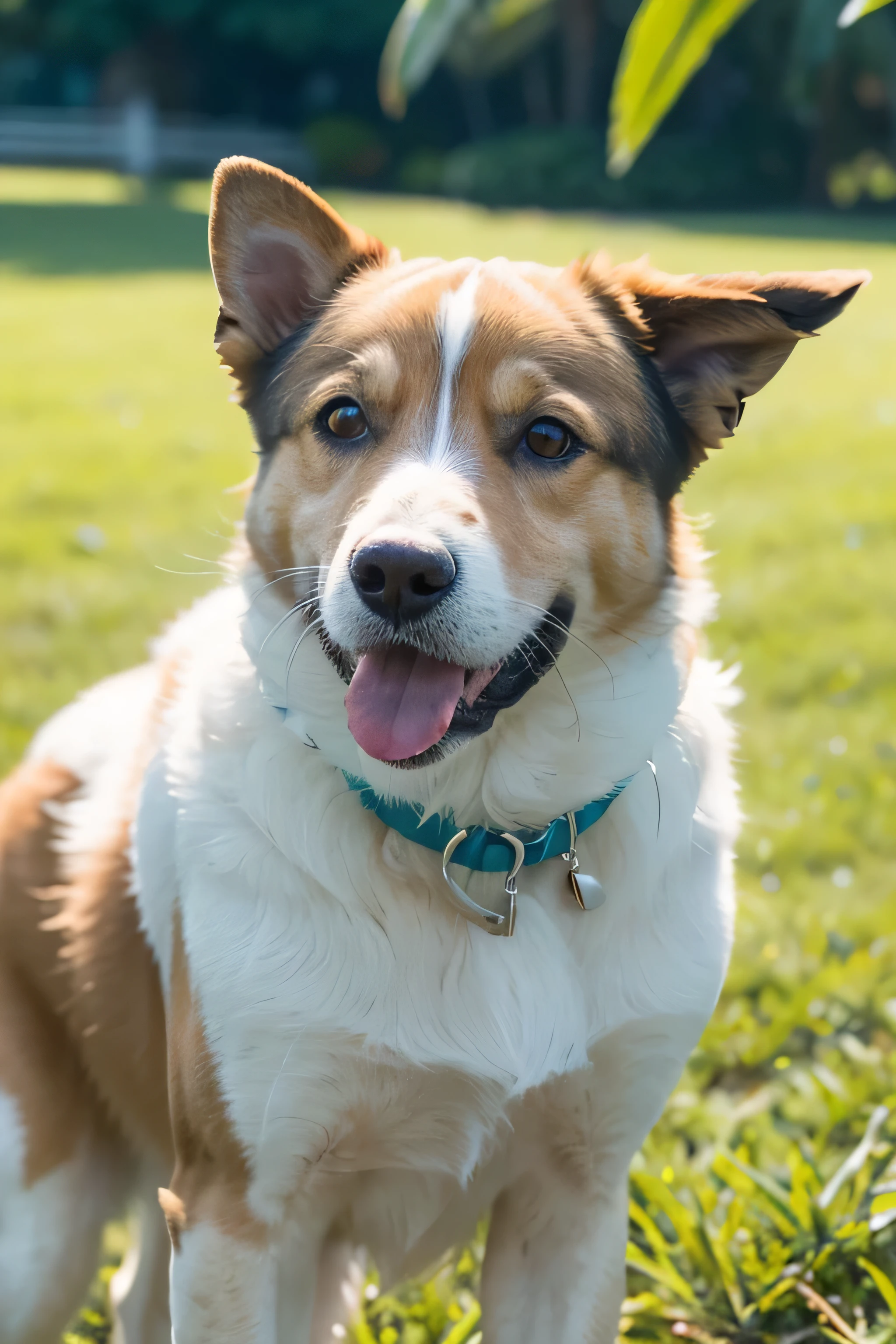 "Capture an intimate and vibrant dog portrait, Full of life and clarity, on a blissful outdoor adventure. The scene is set in a sunny location, boiling space, Reflects the dog’s lively spirit. Pay close attention to your dog’s face, Make sure its eyes of joy are sharp, Soft fur texture, and when it tilts its head happily,definition in its rich expression. Integrate elements into the surrounding environment,Reflecting a fun-filled day - like a bright blue sky, a colored ball, and rich background, Emerald Grass. Make sure your photos have high resolution and depth of field,Highlight the dog's face, Natural lighting illuminates every aspect of its cheerful demeanor."
