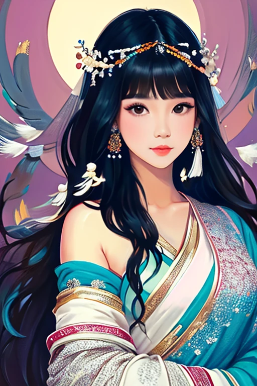 Female human, asian, gorgeous goddess, perfect hair, black hair, predatory eyes, not big eyes, small lips, a straight nose, slightly wide nose, an oval wide face shape, wearing hanfu with feather adornments, many feather decorations in the hair, highly stylized
