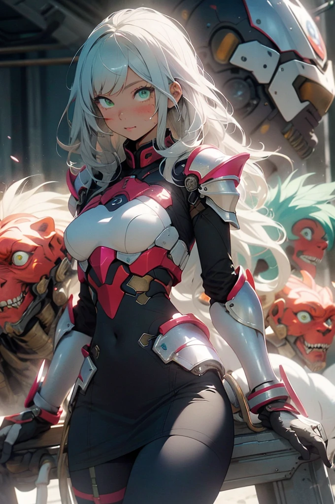 be realistic,(masterpiece,highest quality,highest quality,very detailed,fractal art,most detailed,(abstract background:1.5)(2 girls),Kamimei,(hair length),(green eyes shine、Breasts get bigger,stunned),69,sitting on face,handjob,from sid、panty shot、spread your legs、crystallization,sexy、Mechanical Armor、sunburned skin、(black pencil skirt)