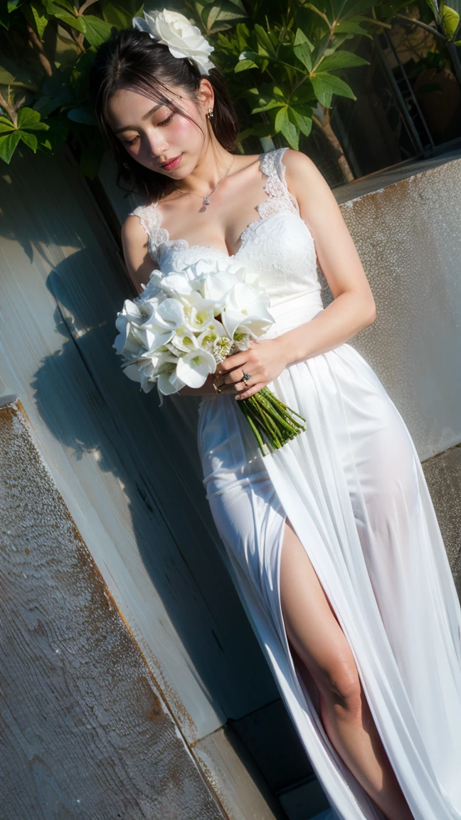 1 Japanese female、((alone))、alone、bride、Wearing White wedding dress、Queen、happiness、((Show me your forehead))、Are standing、short hair、detailed face、High resolution、((whole body))、(flowers around her)、whole body、She is a beautiful woman to marry、High quality and beautiful、shining face,Holding a bouquet of flowers、