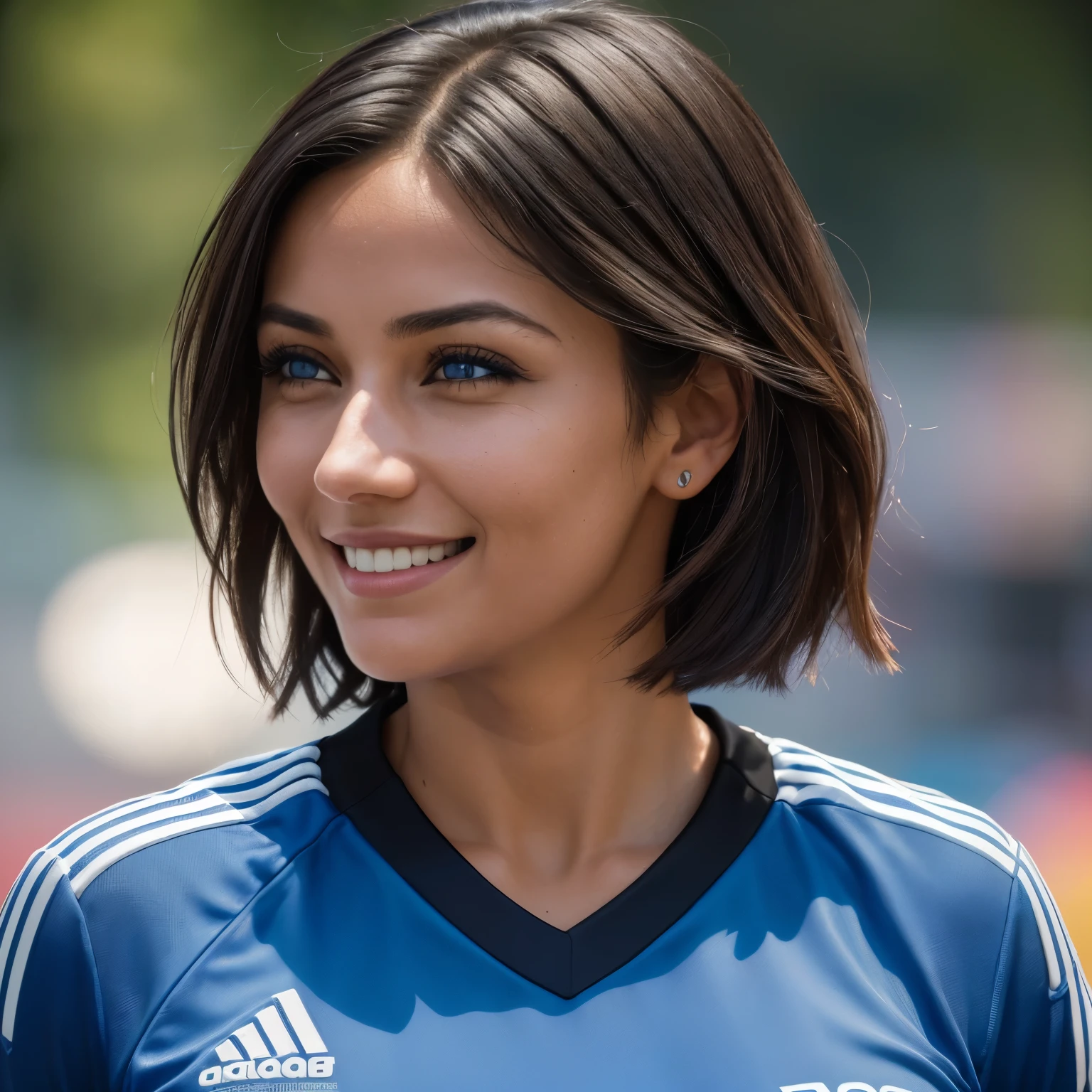 (Isabel Merced, bob_cut_ hair, blue eyes, smiling, huge boobs:1.3), (dressed like a soccer player in a manchester unied jersey:1.3), Real Life, Ultra Realistic, Photorealism, Photography, 8K UHD, Photo, HDR, Complex and Elegant, Highly Detailed, Sharp Focus, Stunning, Beautiful, Gorgeous), (Masterpiece: 1.2, Best Quality 1:1, Ultra Detail: 1.2, Best Shadows, 8k: 1.1), (beautiful detailed face), high contrast, (perfect lighting: 1.2), (cinematic light)), colorful, hyper-detail, dramatic light, intricate detail, photograph by arny freytag