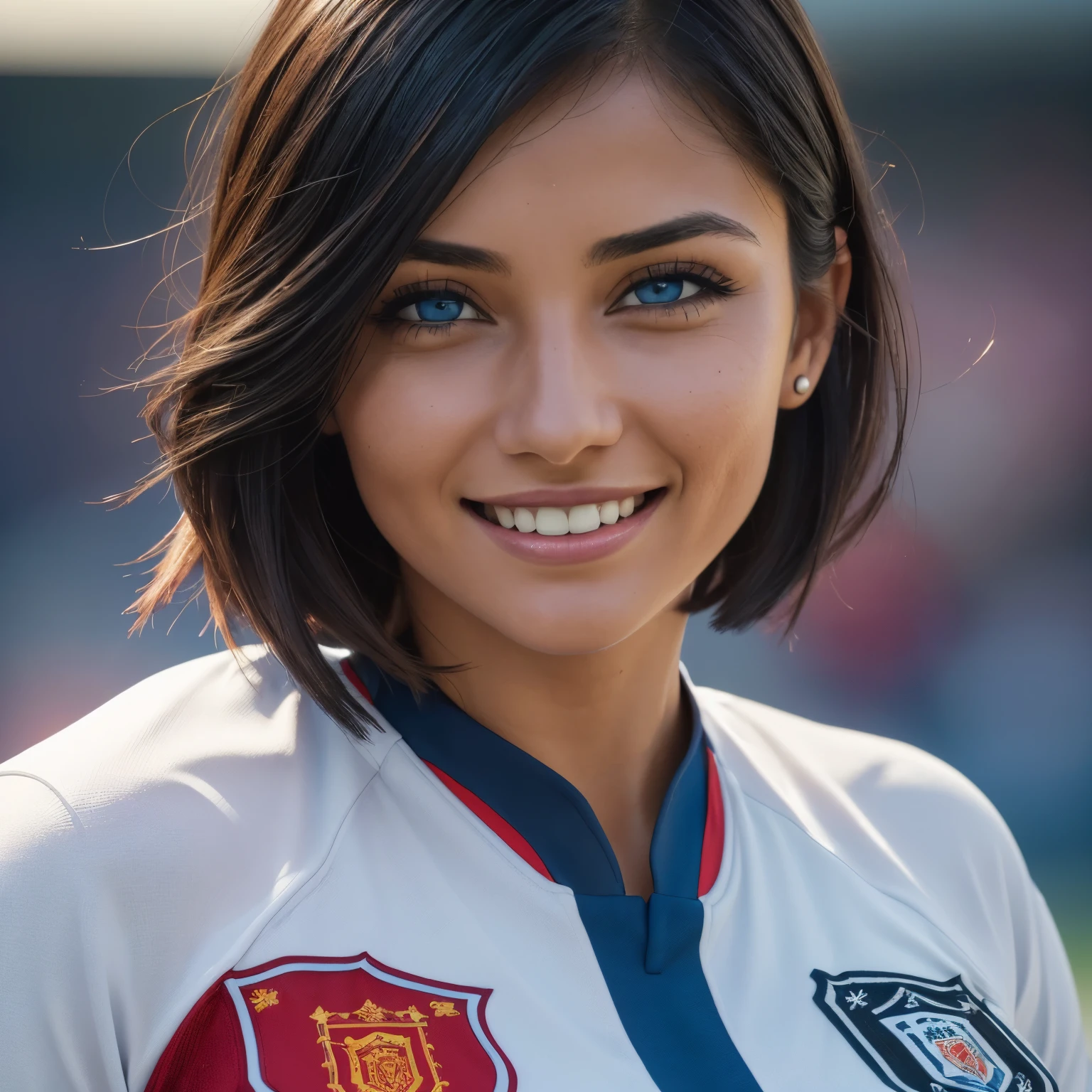 (Isabel Merced, bob_cut_ hair, blue eyes, smiling, huge boobs:1.3), (dressed like a soccer player in a manchester unied jersey:1.3), Real Life, Ultra Realistic, Photorealism, Photography, 8K UHD, Photo, HDR, Complex and Elegant, Highly Detailed, Sharp Focus, Stunning, Beautiful, Gorgeous), (Masterpiece: 1.2, Best Quality 1:1, Ultra Detail: 1.2, Best Shadows, 8k: 1.1), (beautiful detailed face), high contrast, (perfect lighting: 1.2), (cinematic light)), colorful, hyper-detail, dramatic light, intricate detail, photograph by arny freytag