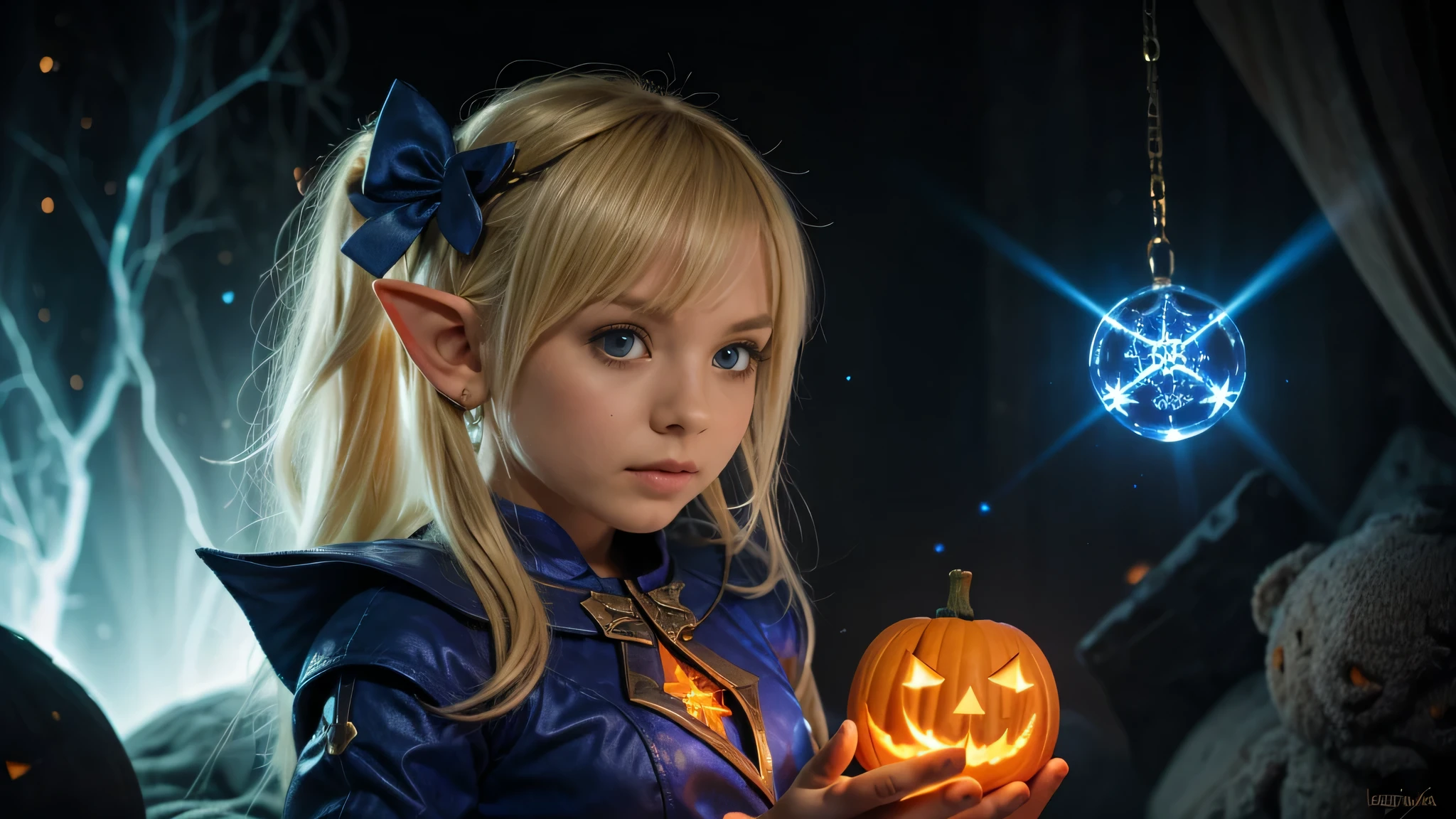 Cute portrait of a blonde elf child holding a jack-o&#39;-lanterna azul, laser azul..