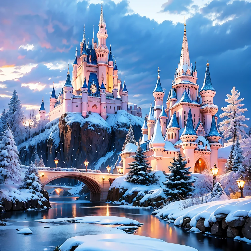 winter wonderland,castle,rich and colorful,(best quality,4K,8k,high resolution,),Super detailed, and snow,Sparkling snowflakes,Snow-capped trees,Glittering icicles,Exquisitely carved sculptures,a majestic castle in the distance,Snow covered hills and mountains,frozen lake,sun shining through clouds, Vibrant and bright colors,Pink, blues, Two people watching the scenery