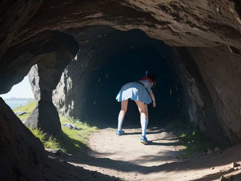 Alice&#39;s story in Wonderland。One Alice is wearing a blue miniskirt, high socks, white shorts, and thighs.。sandy beach。Alice enters the cave with her butt sticking out.。shorts are down to the knees