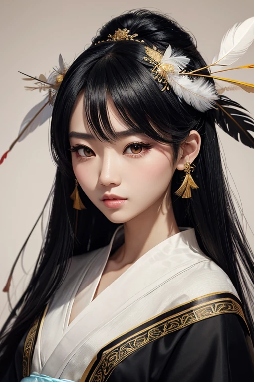 Female human, asian, gorgeous goddess, perfect hair, black hair, predatory eyes, not big eyes, small lips, a straight nose, slightly wide nose, an oval wide face shape, wearing hanfu with feather adornments, many feather decorations in the hair, highly stylized