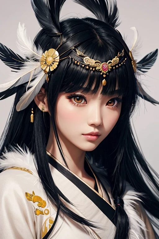 Female human, asian, gorgeous goddess, perfect hair, black hair, predatory eyes, not big eyes, small lips, a straight nose, slightly wide nose, an oval wide face shape, wearing hanfu with feather adornments, many feather decorations in the hair, highly stylized