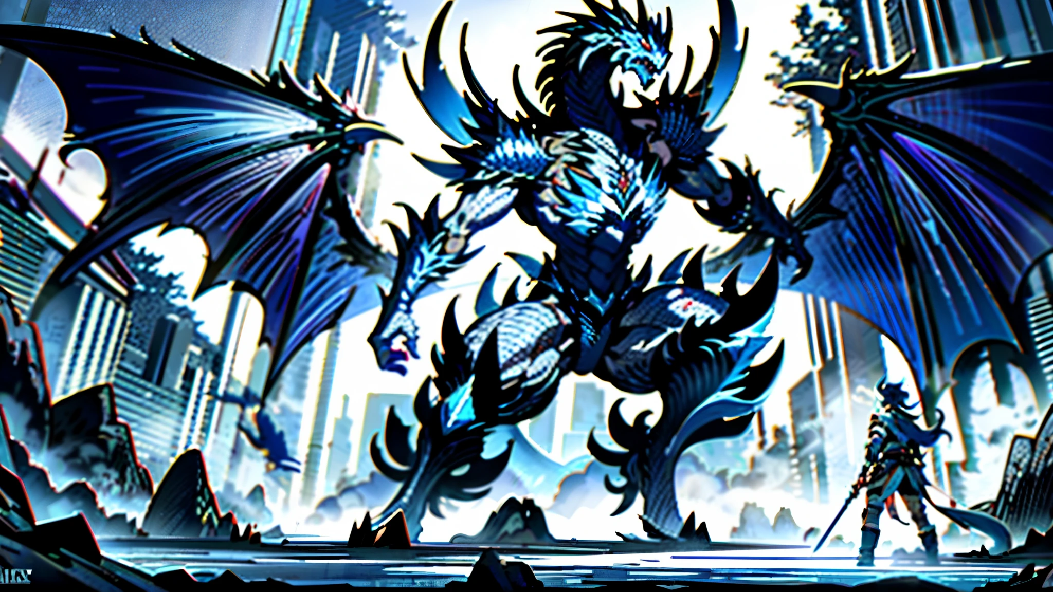 epic confrontation between an adventurer adorned in blue and silver lightweight armor wielding a magnificent radiant sword emitting indigo hues, and a colossal evil black dragon, The adventurer stands firm, facing the immense threat as the sky is shrouded in a dark mist, and the landscape of forests and cities crumbles under the destructive energy emanating from the dragon, Dramatic low-angle shot capturing the adventurer in heroic stance against the towering black dragon, emphasizing the scale and intensity of the battle, high definition, best quality, highres, ultra-detailed, ultra-fine painting, extremely delicate, professional, anatomically correct, creativity, RAW photo, UHD, HDR, 32k, Natural light, cinematic lighting, masterpiece-anatomy-perfect, masterpiece:1.5