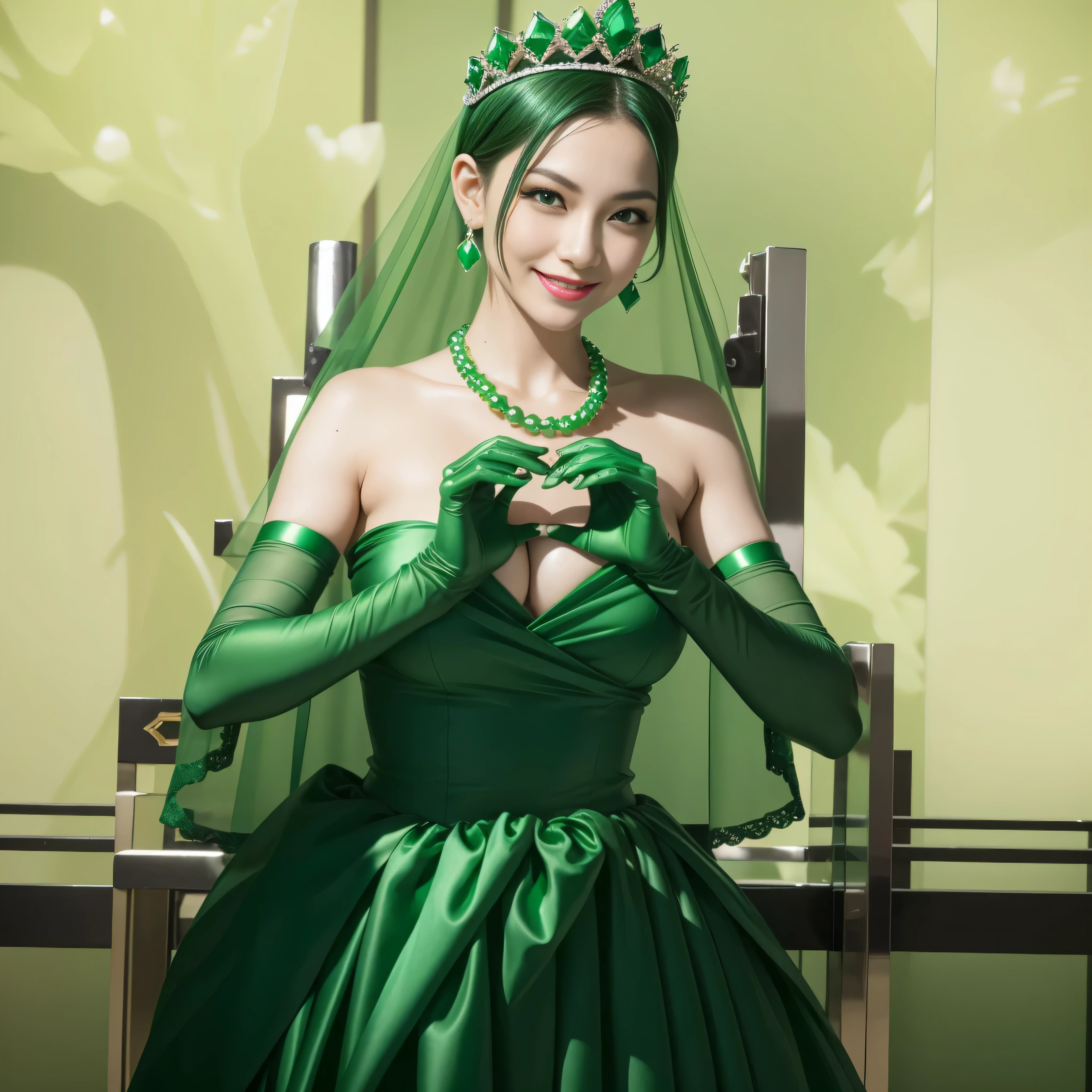 emerald tiara, green pearl necklace, boyish very short green hair, lipstick, smiling Japanese woman, very short hair,  Beauty with large breasts, green eyes, Long Green Satin Gloves, green eyes, emerald earrings, green veil, heart with both hands