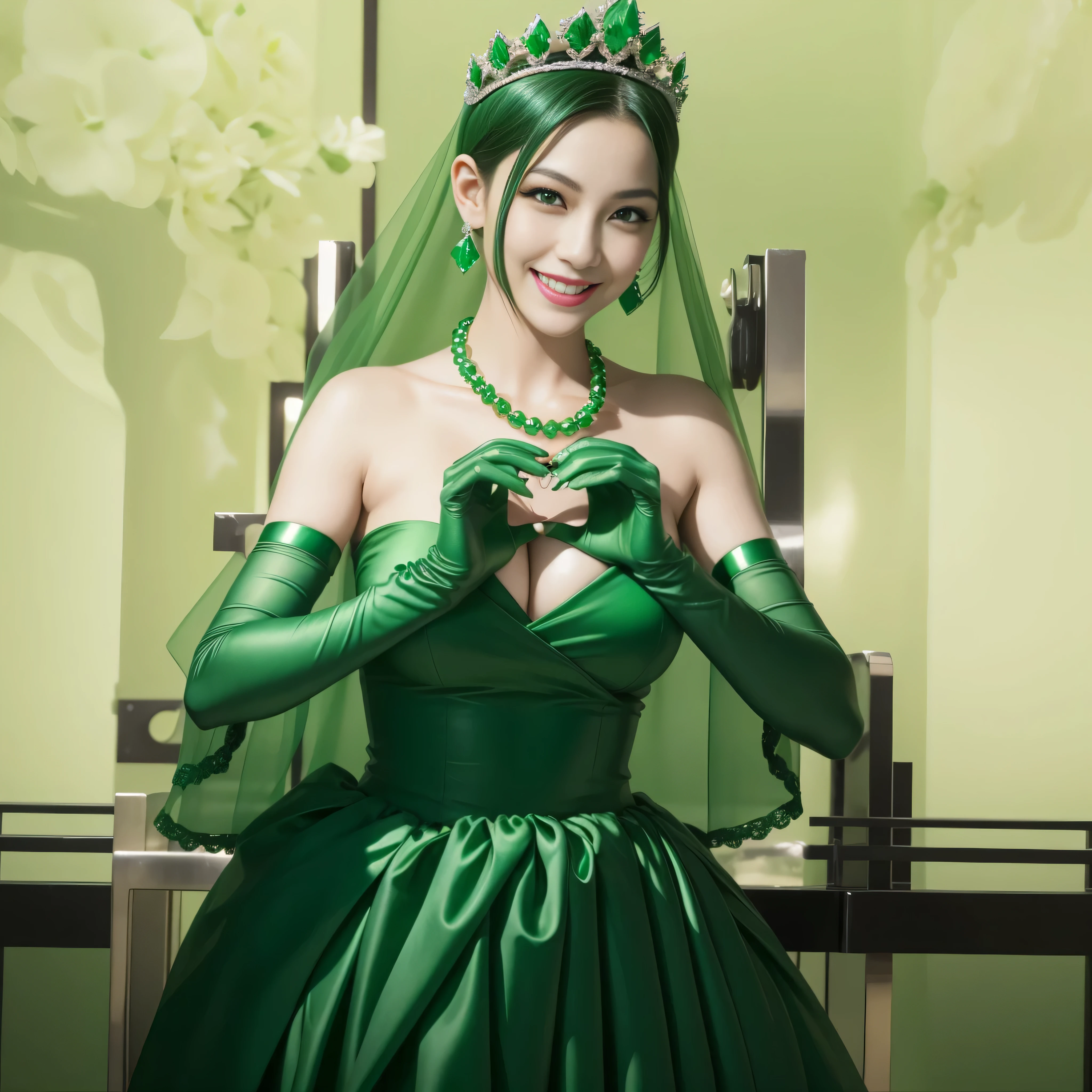 emerald tiara, green pearl necklace, boyish very short green hair, lipstick, smiling Japanese woman, very short hair, Beauty with large breasts, green eyes, Long Green Satin Gloves, green eyes, emerald earrings, green veil, heart with both hands