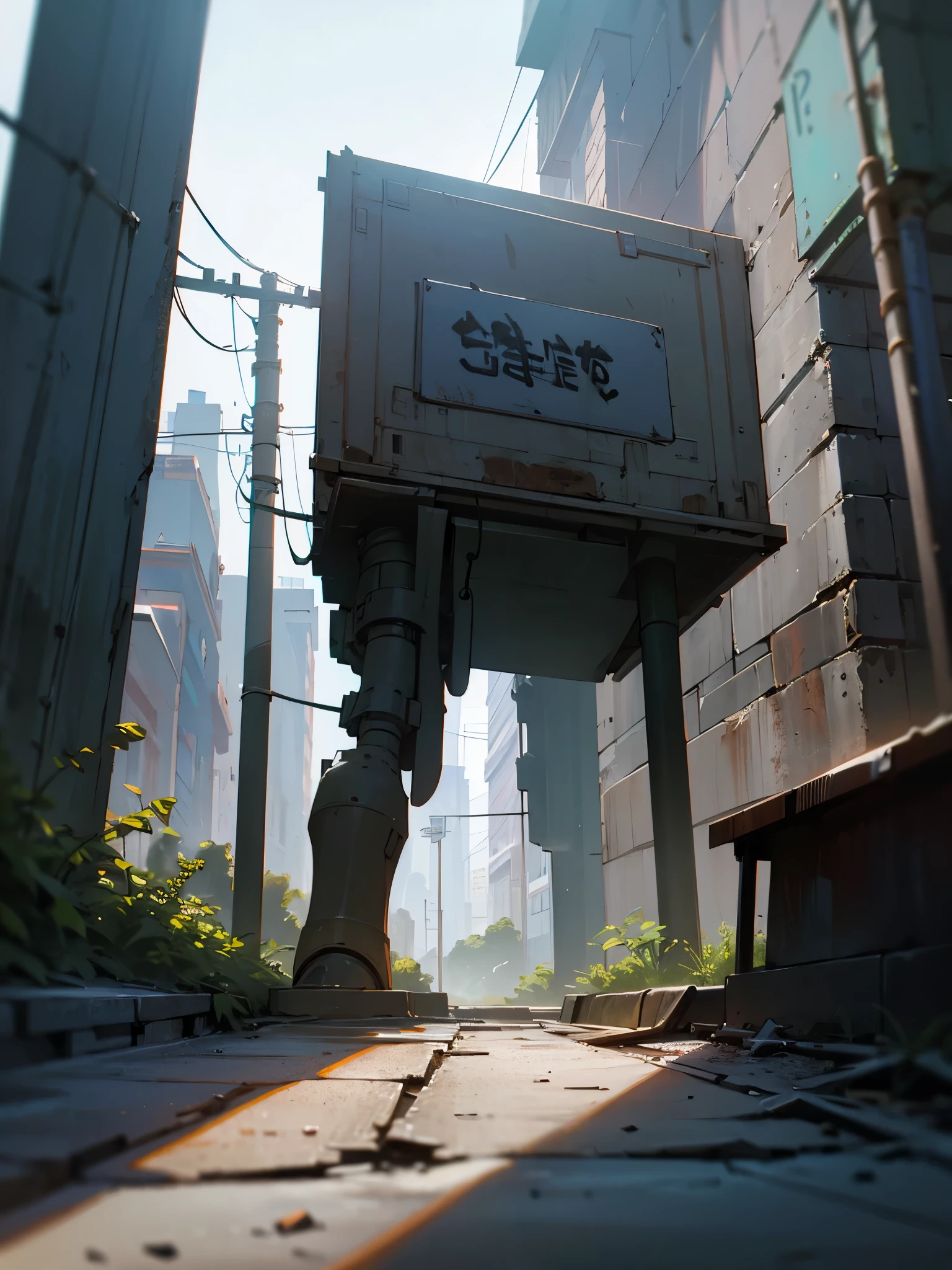 masterpiece, best quality, 8k, absurdres, (street, no humans, buildings:1.5), (metal signs, perspective, depth of field:1.2), scenery, cables, oil drum, some garbage on the ground, rusty scrap, (damaged wall paint, dirty and cracked concrete wall:0.8), dusty, HDR, (bleach bypass, ginnokoshi:0.8), cinematic lighting, professional lighting, high contrast, sharp focus, highres, photography, hyperrealistic, ultra detailed, sharp details, finely detail
