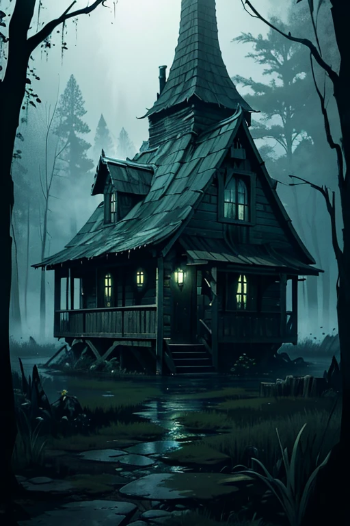 A creepy swamp, horror, witches cottage, cabin in the swamp, swamp hag, dramatic lighting, 4k, Volumetric lighting, global ilumination, octan render, Estilo-SwampMagic, Eldritch, cosmico, energia escura, acrylic paint, brush stroke, mixed media