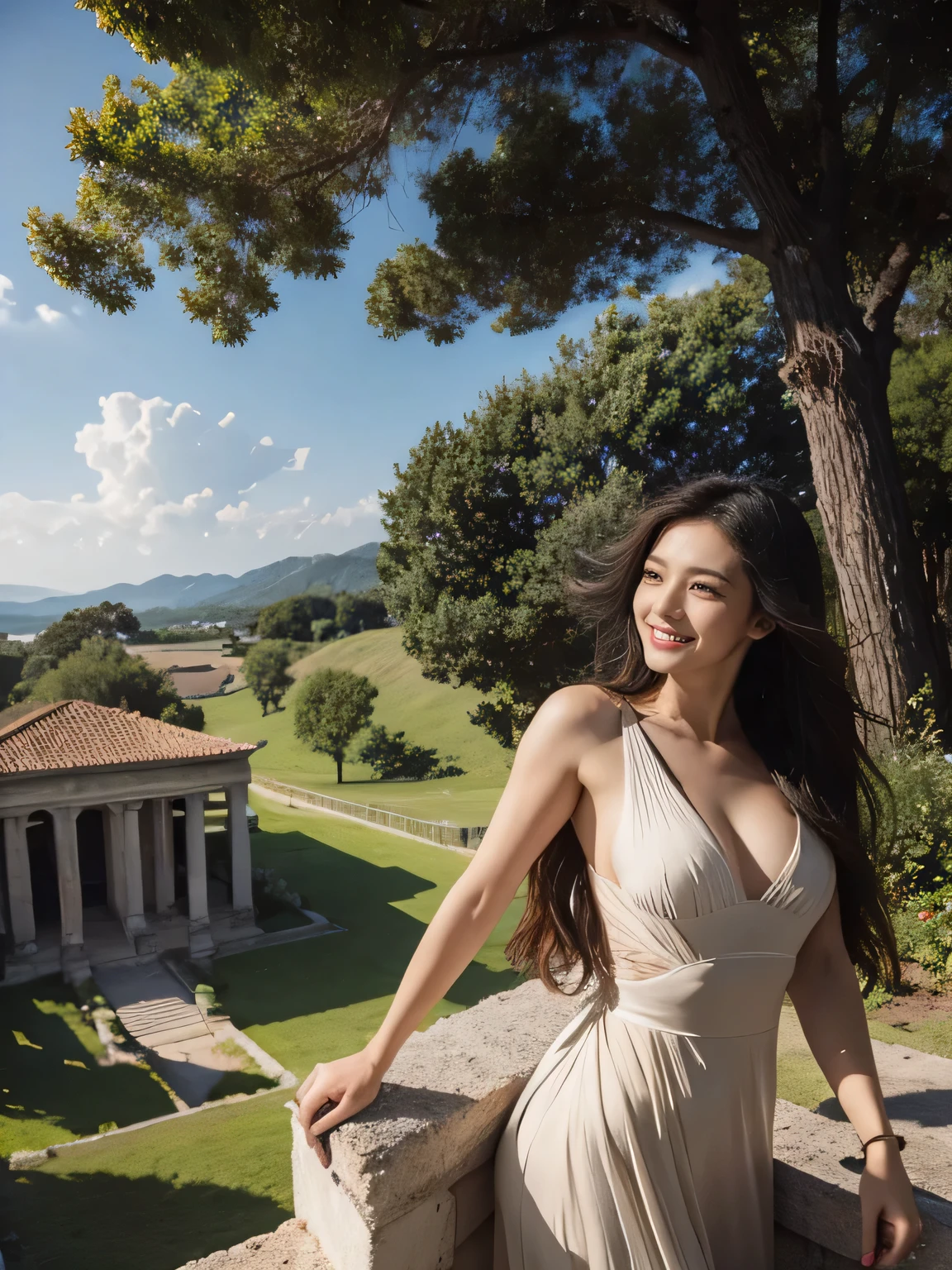 Ancient Roman ruins,Poussin-style landscape,A smile,,Sweet and seductive appearance.、Caravaggio's paintings、Chiaroscuro of Caravaggio、Hair disheveled in the wind,Two women frolicking,Cute smile, Expression of ecstasy,A sexy,Erotic