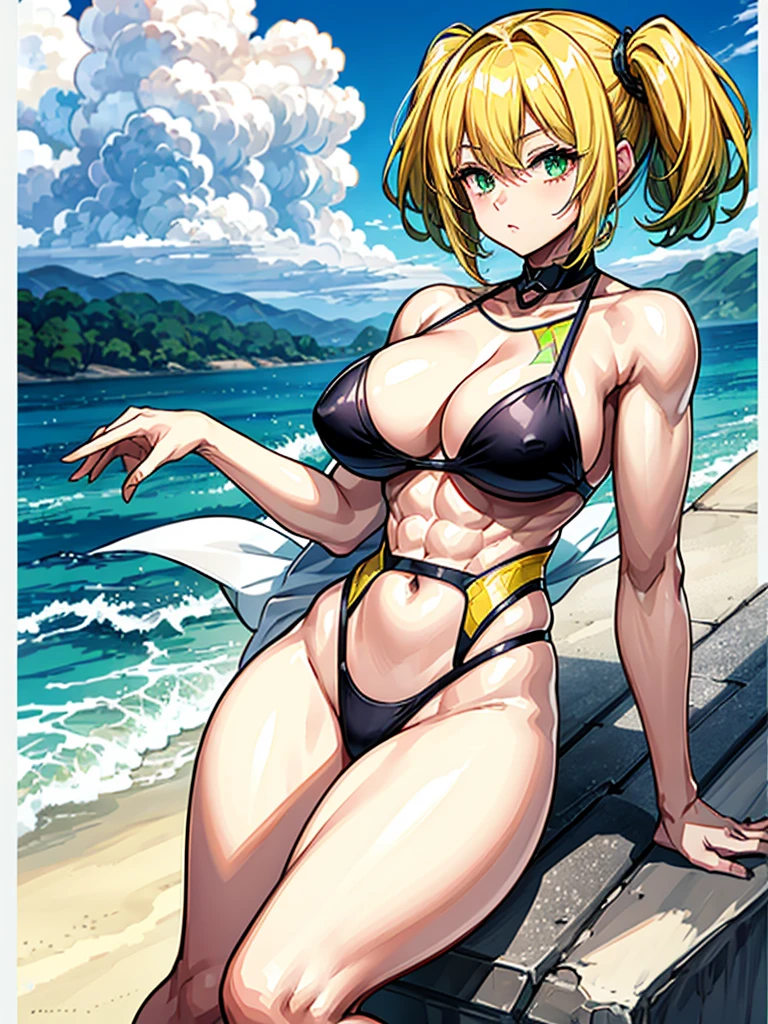 (((masterpiece、Highest image quality、highest quality、highly detailed unity 8kwallpaper)))、((Illustration of one girl))、(((beautiful girl、cool)))、((blonde、pixie cut:1.2、two side up、sidelocks、green eyes))、(((tall、stocky build, thickset physique:1.3, muscular legs, broad shoulders, solid chest)))、swimsuit、sandy beach