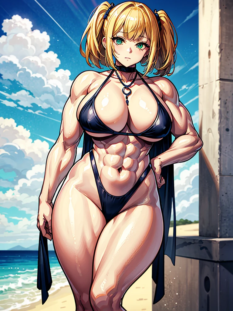 （（（masterpiece、Highest image quality、highest quality、highly detailed unity 8ｋwallpaper）））、（（Illustration of one girl））、（（（beautiful girl、cool）））、（（blonde、pixie cut：1.2、two side up、sidelocks、green eyes））、（（（tall、stocky build, thickset physique：1.3, muscular legs, broad shoulders, solid chest）））、swimsuit、sandy beach