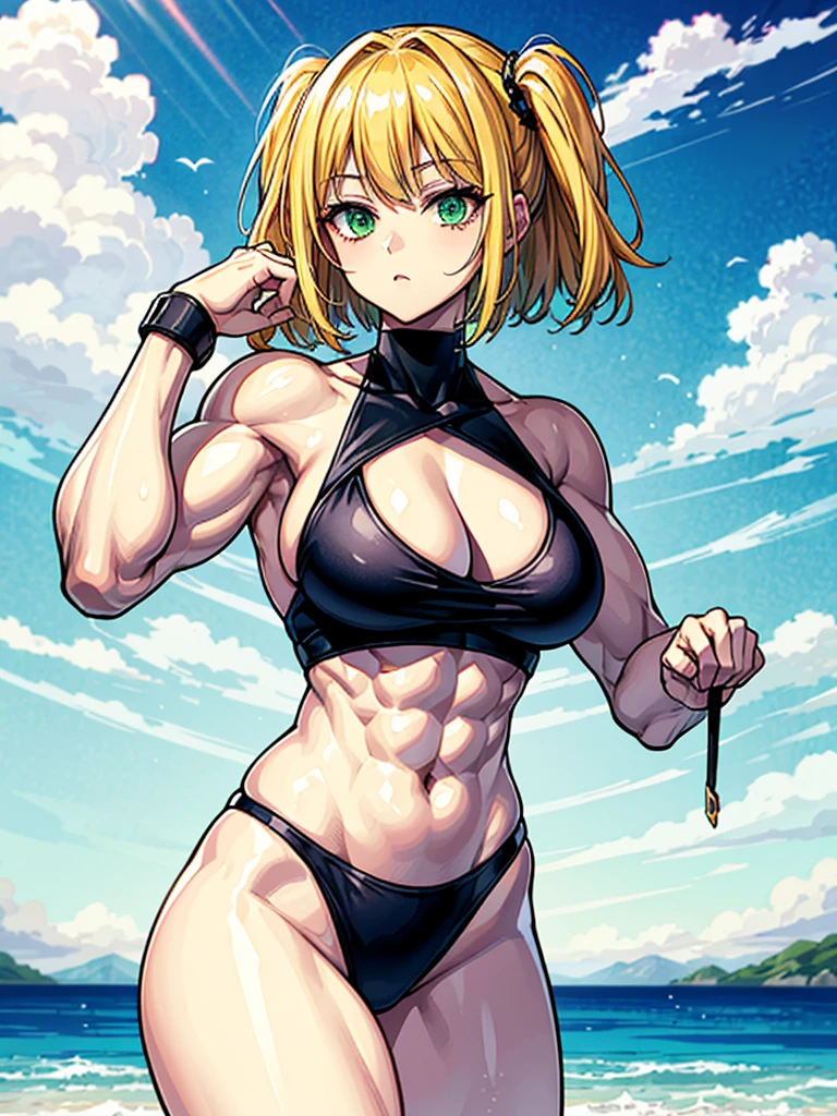 (((masterpiece、Highest image quality、highest quality、highly detailed unity 8kwallpaper)))、((Illustration of one girl))、(((beautiful girl、cool)))、((blonde、pixie cut:1.2、two side up、sidelocks、green eyes))、(((tall、stocky build, thickset physique:1.3, muscular legs, broad shoulders, solid chest)))、swimsuit、sandy beach