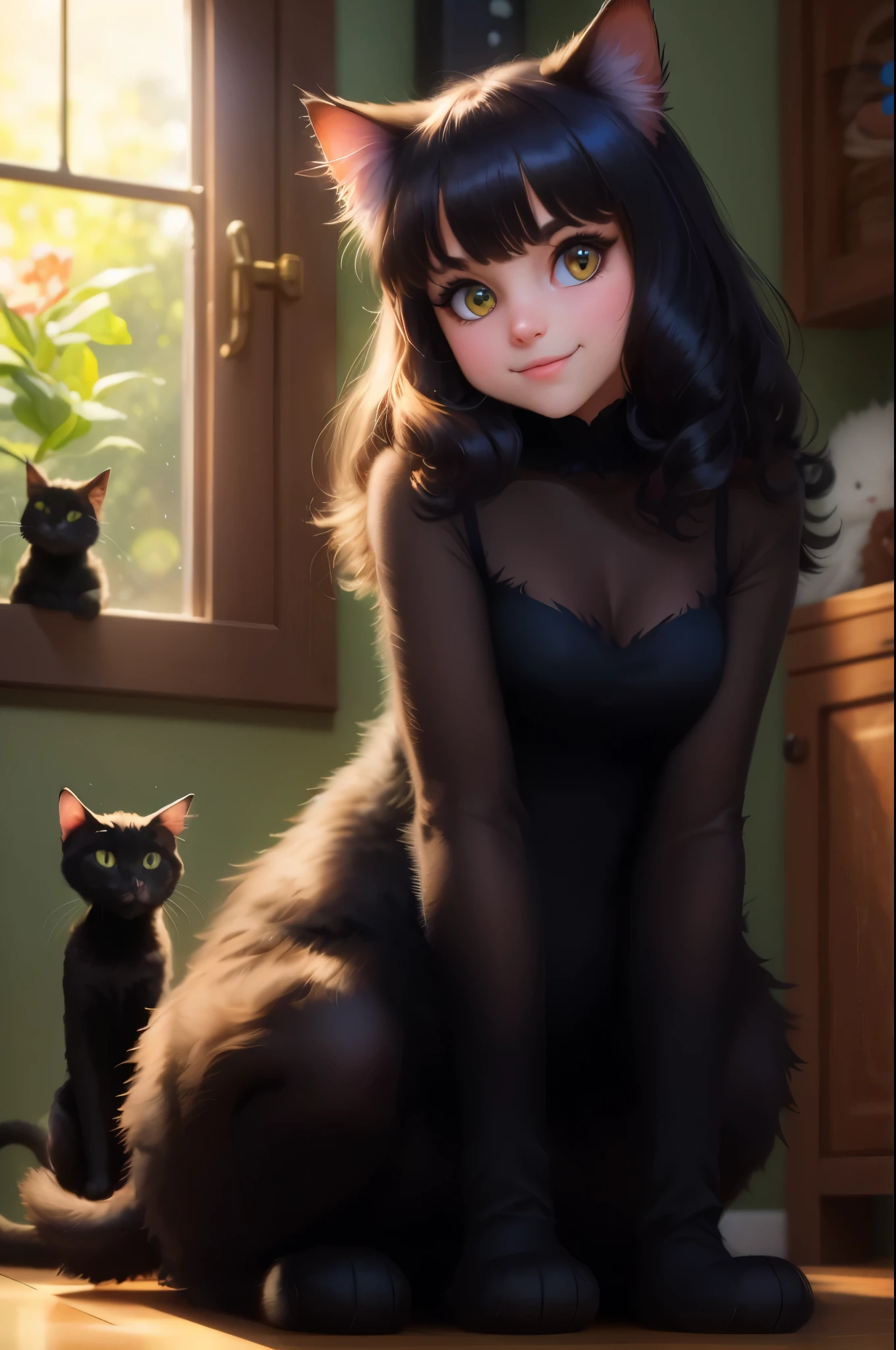Meet Kitty, a young and playful black cat with big, expressive eyes. She has a mischievous grin and is sitting on her haunches, curiously examining a box placed in front of her paws. Her sleek fur shines under the soft light, making her look even more adorable and irresistible.