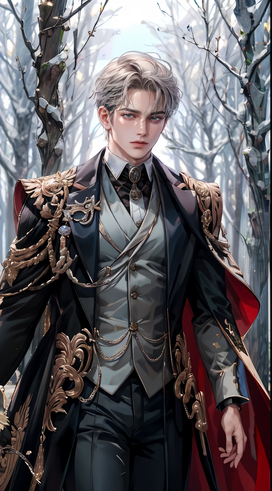 ((4K works))、​masterpiece、（top-quality)、((high-level image quality))、Magician Patrick is a mysterious and sophisticated man with a passion for magic. He has expressive eyes, strewn with stars, and stunning dark silver hair, always fluttering in the air flow. Dressed in stylish and elegant robes with intricate patterns, reflecting his dominant nature. interesting forest background, complex background, background with objects and plans