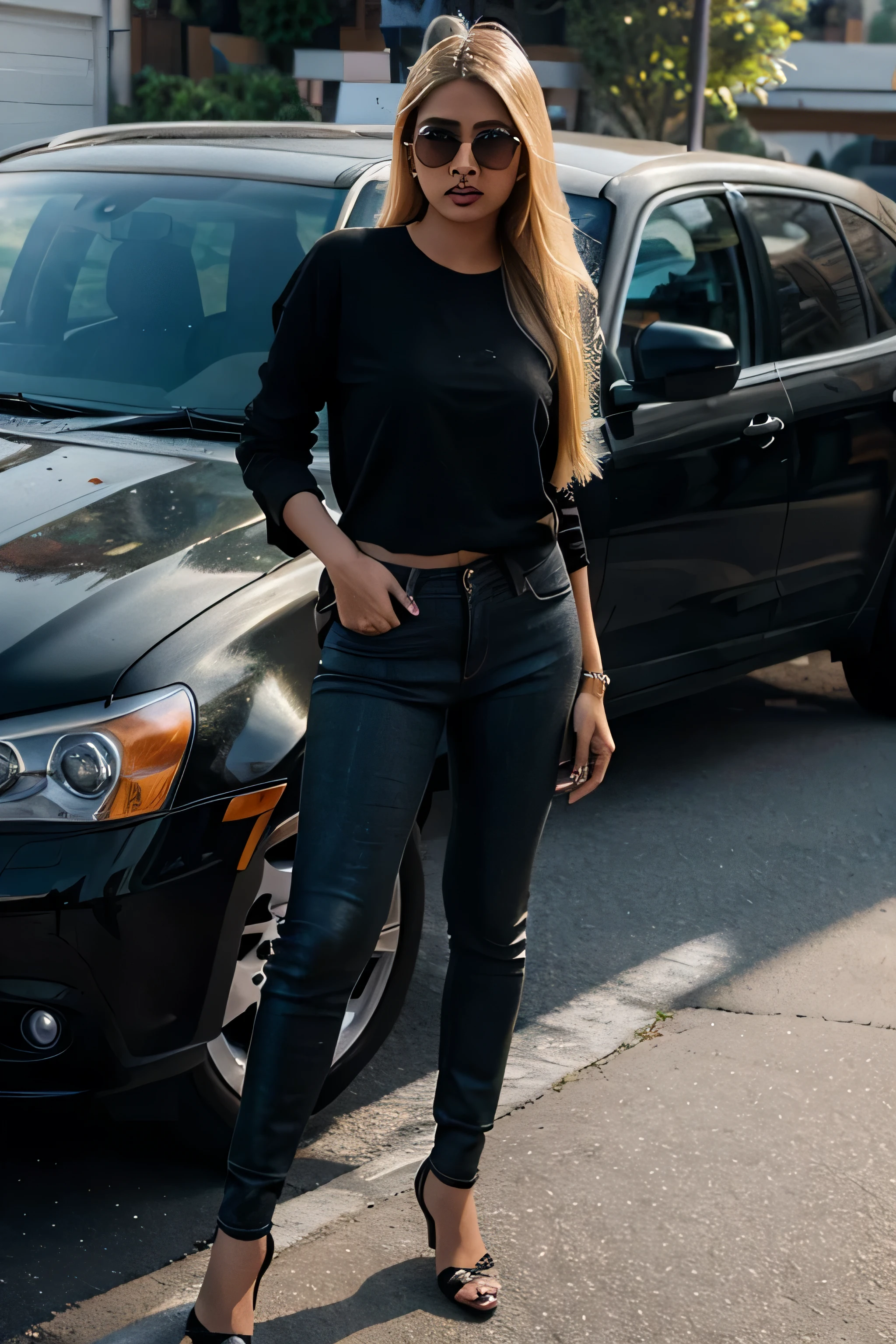 A stunning medium shot of a blonde Instagram Indian model with a beautiful face and a perfect body. She is wearing a long shirt and black jeans with sunglasses ,She is STANDING near car