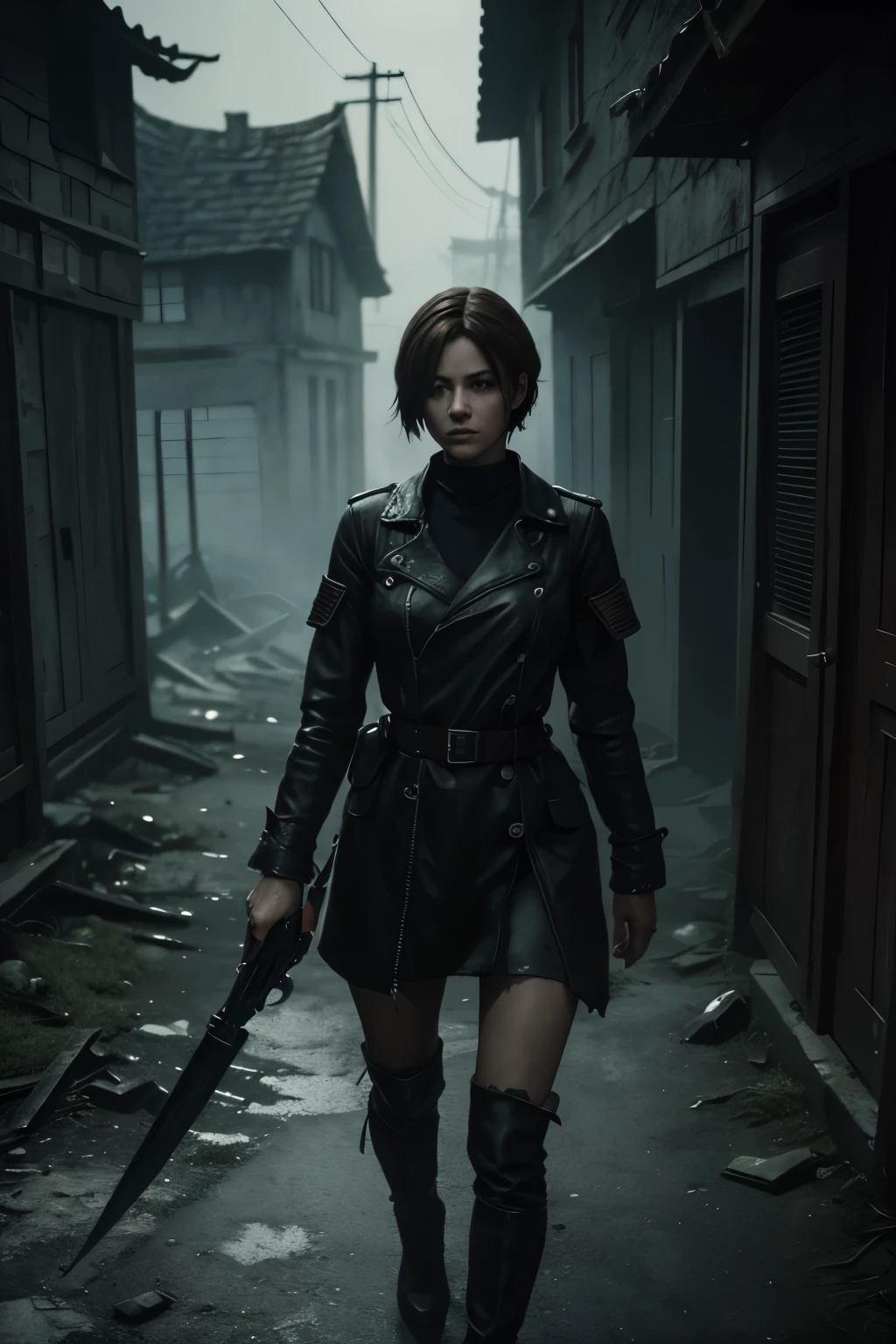 A girl exploring a terrifying village in the popular game Resident Evil Village, with a dark and eerie atmosphere. She is equipped with various weapons and wears protective gear. The village is filled with decrepit houses, foggy streets, and sinister creatures lurking in the shadows. The girl's eyes shine with determination and fear as she cautiously moves through the village. The detailed textures of the environment showcase the worn-out wooden doors, moss-covered walls, and broken windows. The lighting is dim, casting long, ominous shadows on the girl's path. The prompt ensures the best quality and high resolution (4k, 8k), capturing every ultra-detailed aspect of the scene. The artwork possesses a photorealistic quality that evokes a sense of realism. The color palette is desaturated, conveying a bleak and grim atmosphere, with hints of red to symbolize danger and blood. The prompt also includes an art style that combines horror elements with dark fantasy to reflect the unique aesthetic of Resident Evil Village.