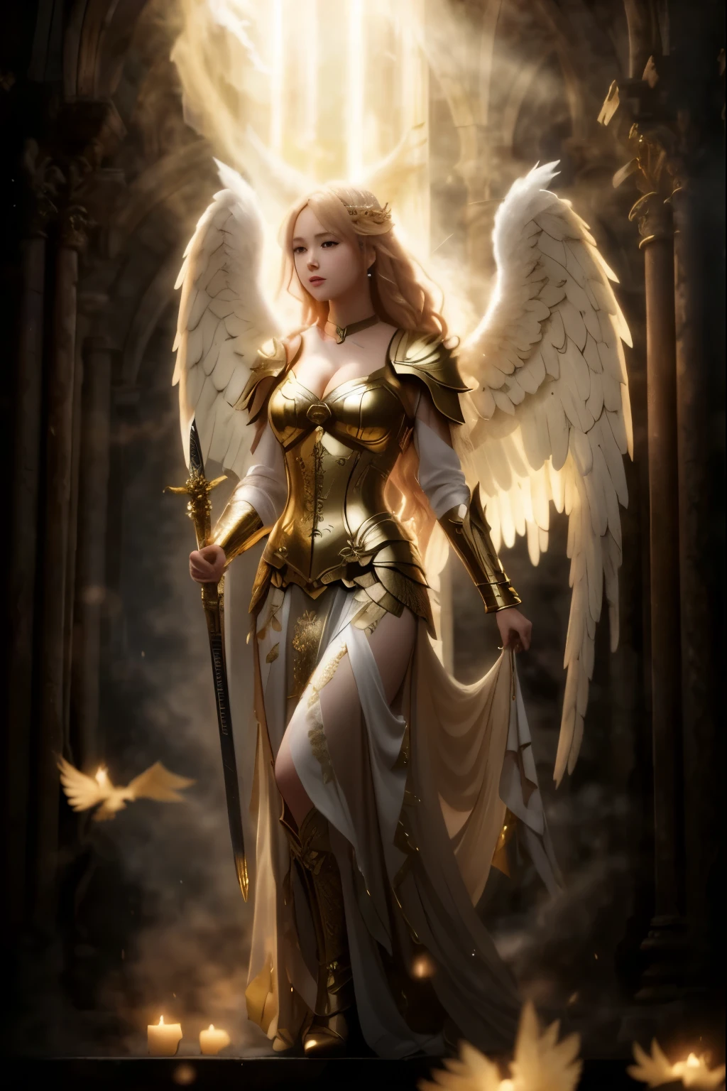 Woman standing in doorway with sword and wings, Angelic黄金の鎧, angel knight girl, tall female angel, beautiful female angel, full body angel, angel knight gothic girl, of beautiful angel, beautiful angel, as a mysterious valkyrie, an angel of the dawn light, angel in plastic armor, エーテル的なAngelicような光の存在, Angelic