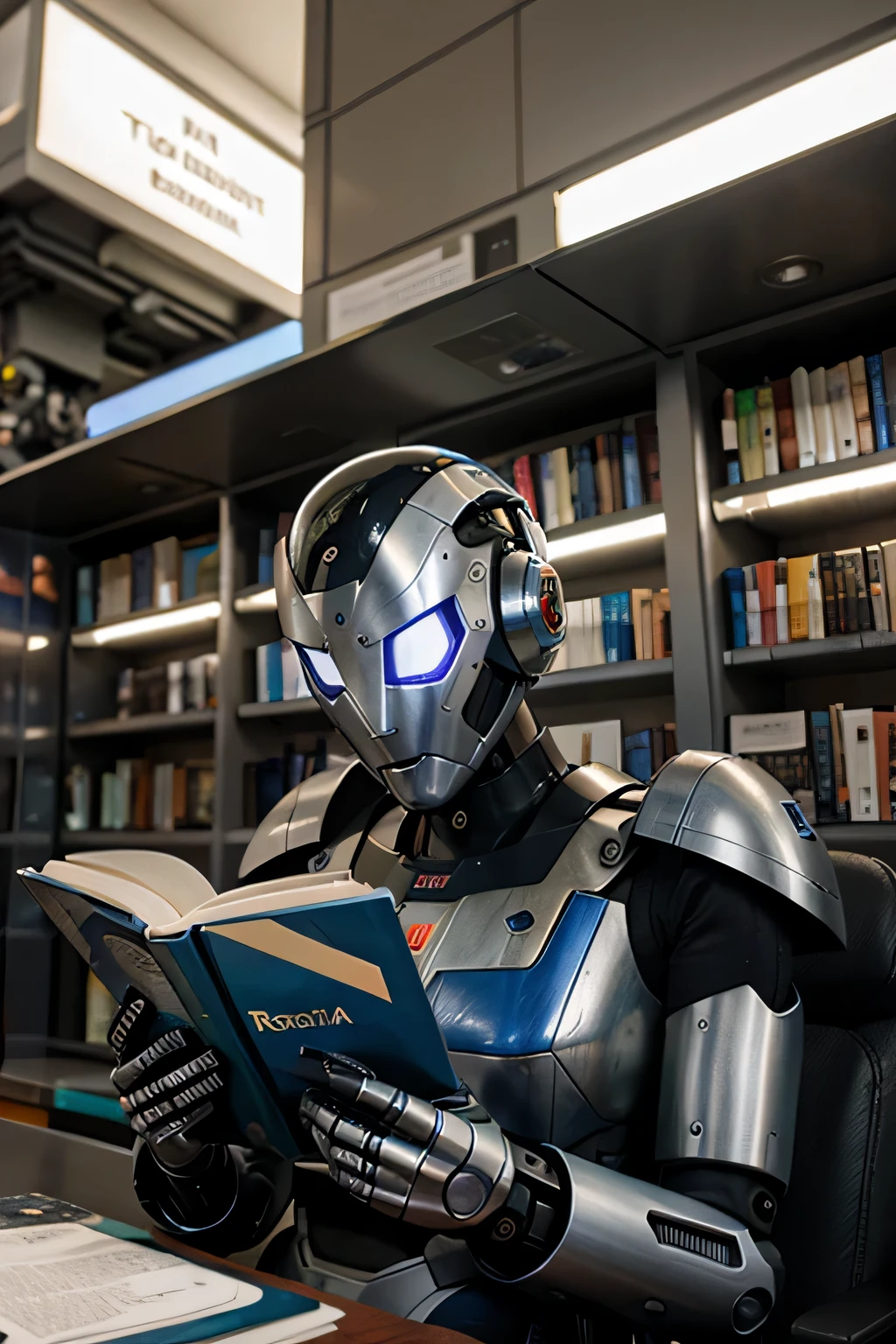 realistic futuristic robot reading book