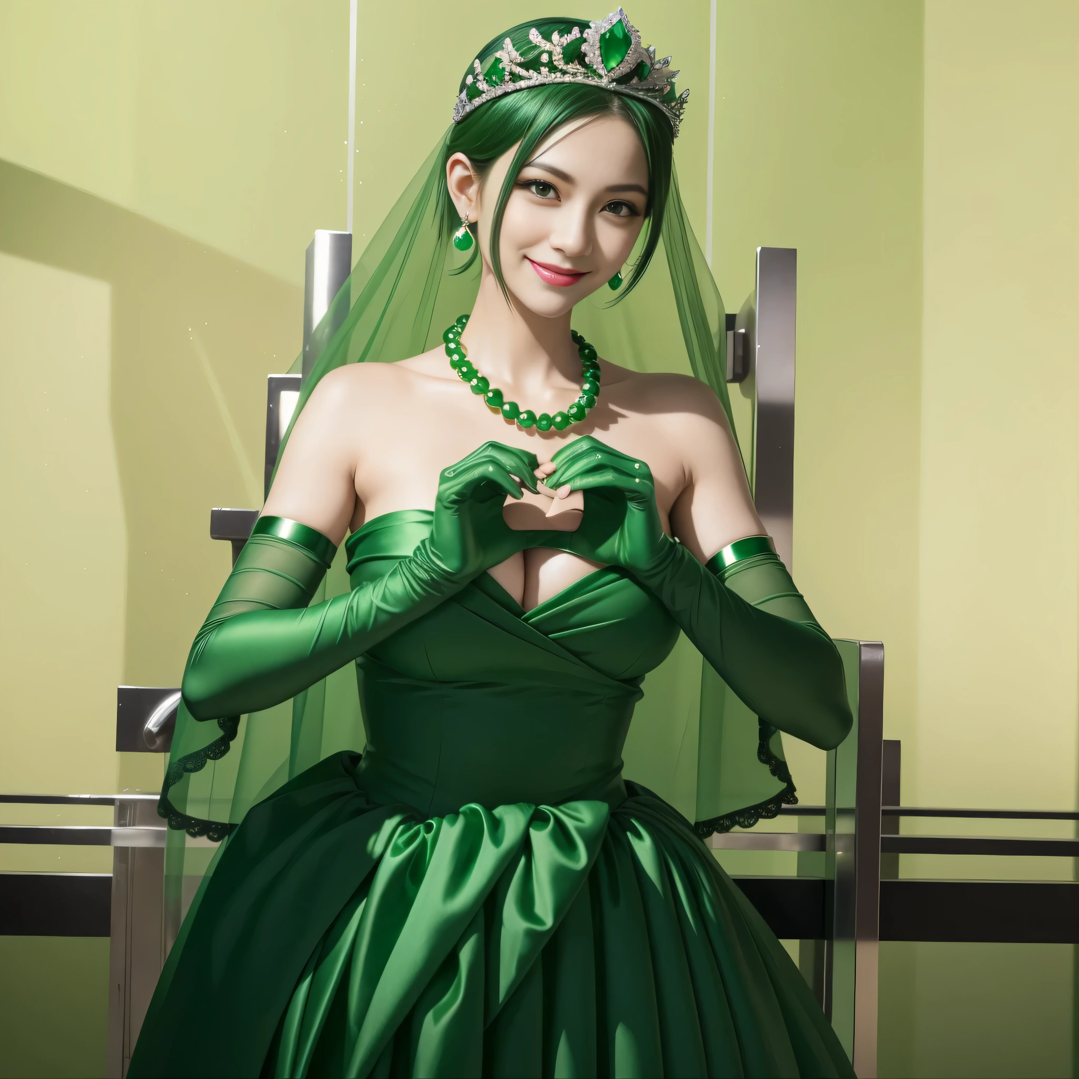 emerald tiara, green pearl necklace, boyish very short green hair, lipstick, smiling Japanese woman, very short hair,  Beauty with large breasts, green eyes, Long Green Satin Gloves, green eyes, emerald earrings, green veil, heart with both hands