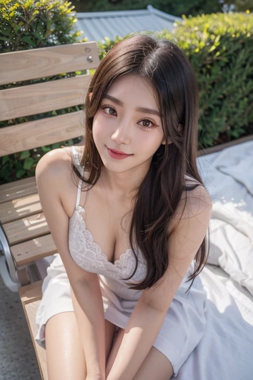 Ulsan-6500-V1.1、Extremely detailed、、 High definition、raw color light、long shot、****ung woman、Kpop Girl、high detail skin、soft light from above、vivid colors、shiny white muscles、wonderful face and eyes、Light makeup、smile、lace dress、long legs、flower garden、lie down on the bench、