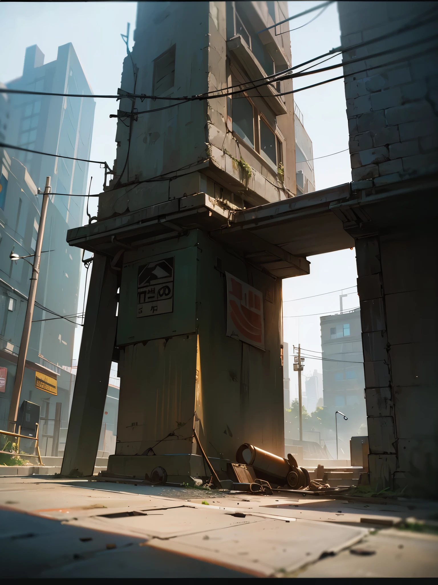 masterpiece, best quality, 8k, absurdres, (street, no humans, buildings:1.5), (metal signs, perspective, depth of field:1.2), scenery, cables, oil drum, some garbage on the ground, rusty scrap, (damaged wall paint, dirty and cracked concrete wall:0.8), dusty, HDR, (bleach bypass, ginnokoshi:0.8), cinematic lighting, professional lighting, high contrast, sharp focus, highres, photography, hyperrealistic, ultra detailed, sharp details, finely detail