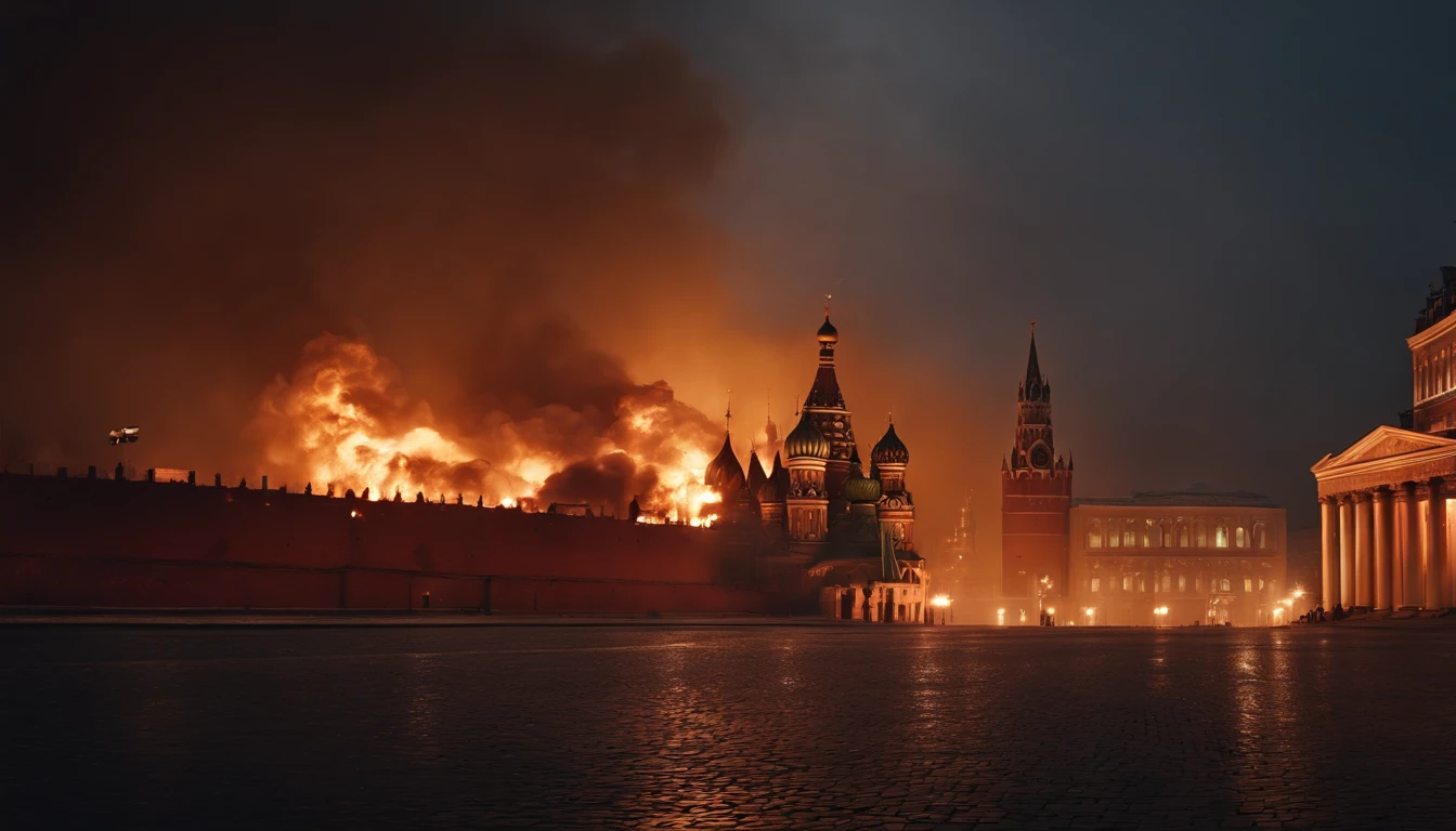 24K movie quality,cinematic compositions,fine textures,Red square Moscow burning ruined at war, smoke, everything burns, fire, ruined city, war, military planes above bombing. realistic, Horizontal format image, War scene, fully ruined Kremlin at night, red square, Ukraininan flag, Ukraininan army winning, ruined Moscow, war movie scene, ruins of Moscow, ruins burning at night, ruined city, war, smoke, night, everything is ruined and burning, war movie scene, 24K movie quality,cinematic compositions,fine textures,the sunset,red square Moscow, tanks, military, soldiers, shooting, fire, explosions, night view, end of world, post apocalyptic, Russia, red square