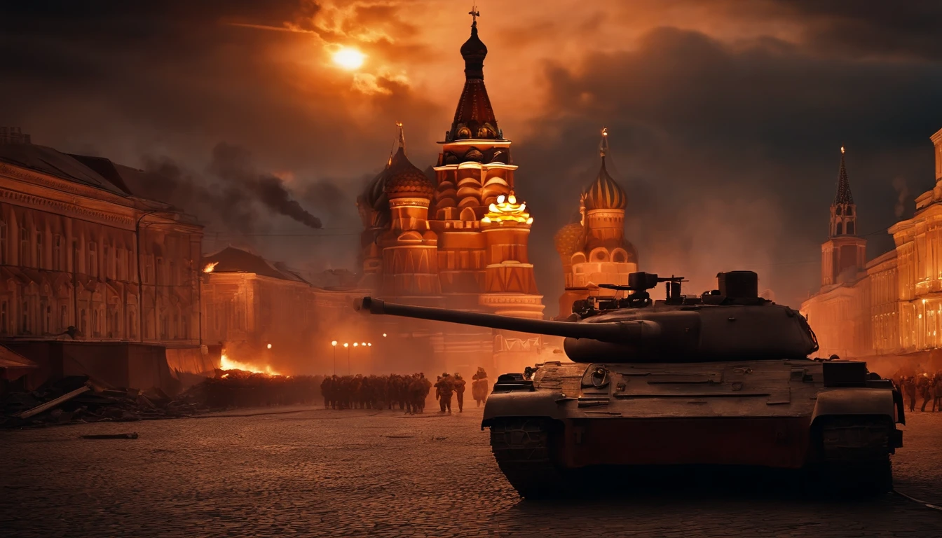 cinematic compositions, Horizontal format image, 16:9 ratio, war scene, fully ruined Kremlin at night, red square, ruins of new york, ruins burning at night, ruined city, war, smoke, night, everything is ruined and burning, war movie scene, 24K movie quality, cinematic compositions,tanks, planes, military, war soldiers, shooting, explosions, ruined city, war scene, end of world