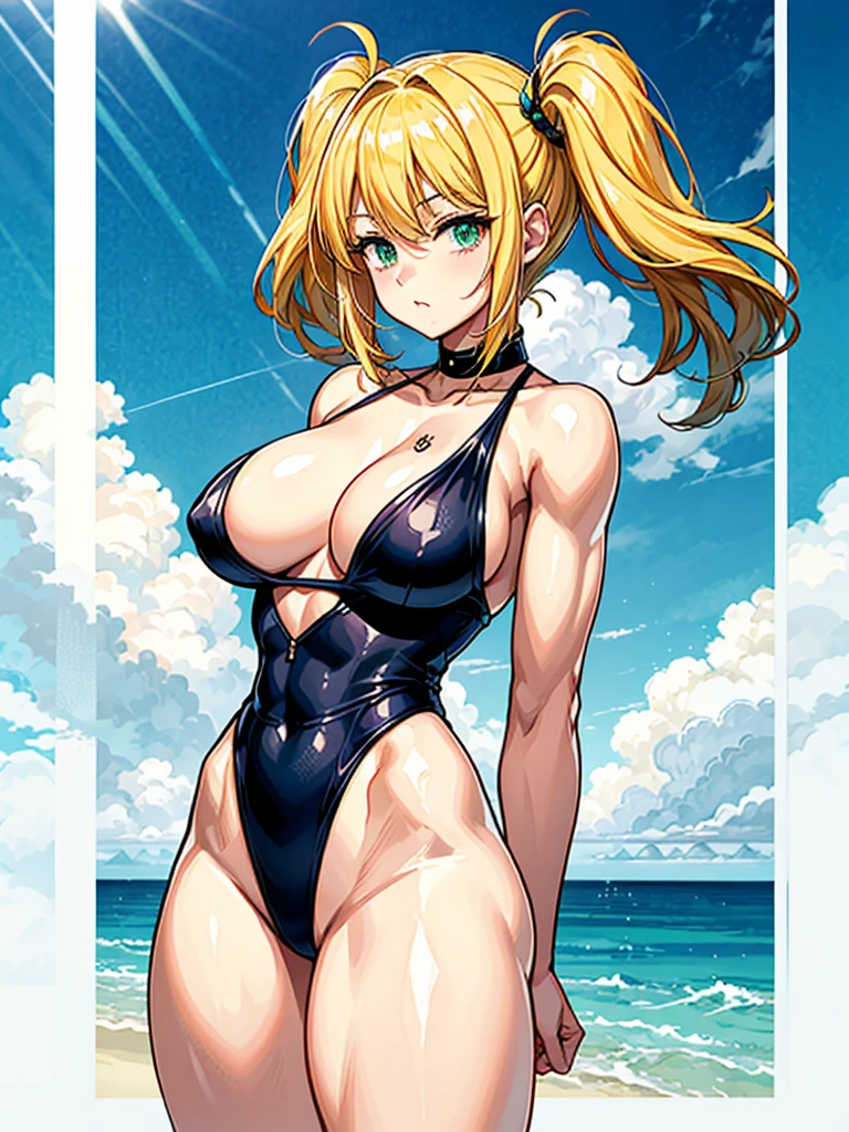 （（（masterpiece、Highest image quality、highest quality、highly detailed unity 8ｋwallpaper）））、（（Illustration of one girl））、（（（beautiful girl、cool）））、（（blonde、pixie cut：1.2、two side up、sidelocks、green eyes））、（（（tall、stocky build, thickset physique：1.3, muscular legs, broad shoulders, solid chest）））、swimsuit、sandy beach