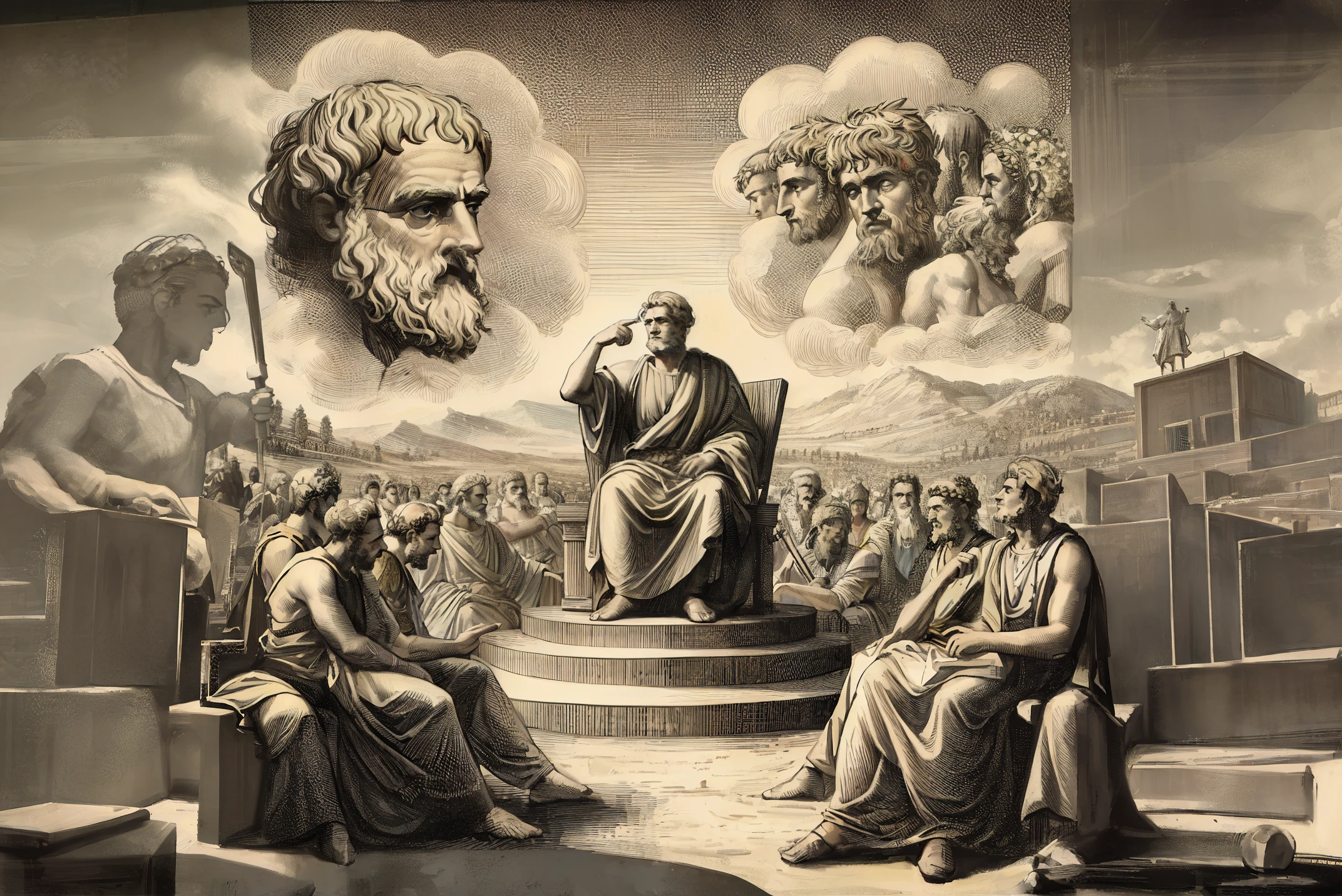 imagem arafada de um homem sentado em um trono cercado por outras pessoas, philosopher, godlike and stoic, filosofia, stoicism, Como oferenda a Zeus, philosophical, epic scene of Zeus, por John Atherton, stoic, portrait of aristotle, epic biblical representation, por John Murdoch, filosofia, Direction: Caesar van Everdingen