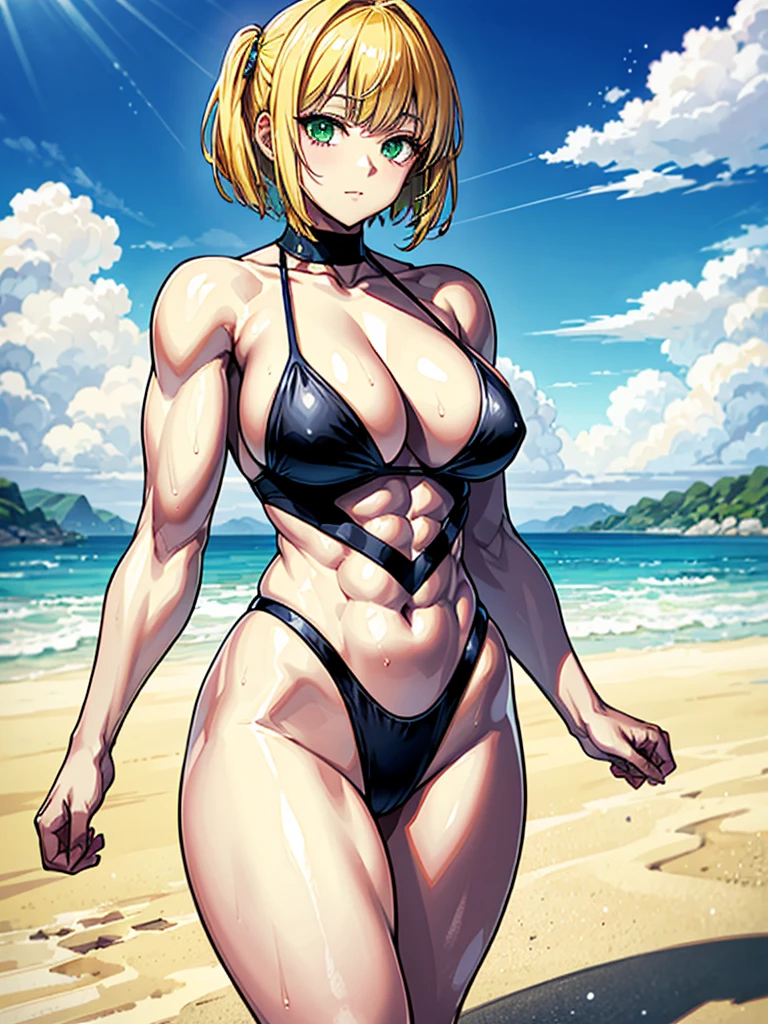 (((masterpiece、Highest image quality、highest quality、highly detailed unity 8kwallpaper)))、((Illustration of one girl))、(((beautiful girl、cool)))、((blonde、pixie cut:1.2、two side up、sidelocks、green eyes))、(((tall、stocky build, thickset physique:1.3, muscular legs, broad shoulders, solid chest)))、swimsuit、sandy beach