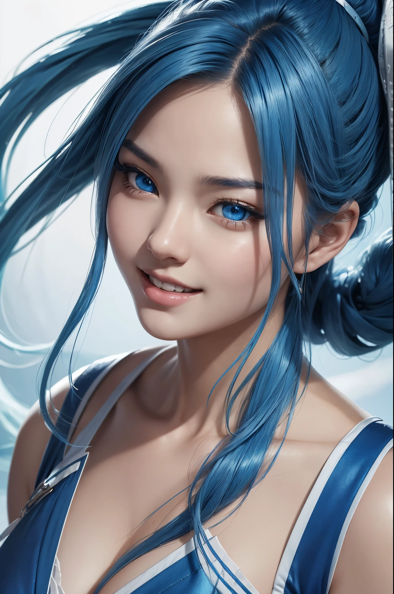 8K,Close up portrait of woman in blue and white dress,blue hair, Super beautiful,(Like the real thing)blue eyes,ponytail,Chenwei Pan On Art Station、 By Jan J.、 detailed fantasy art、great character art、 fan art best art station、 amazing exquisite character art、highly detailed art germ、 Detailed Digital Animation Art、 ArtStation Pixiv の Artgerm、 girl wearing blue and white clothes,dynamic angle,Super high resolution,laughter,skin that looks real,attractive,Sexy,Active,
