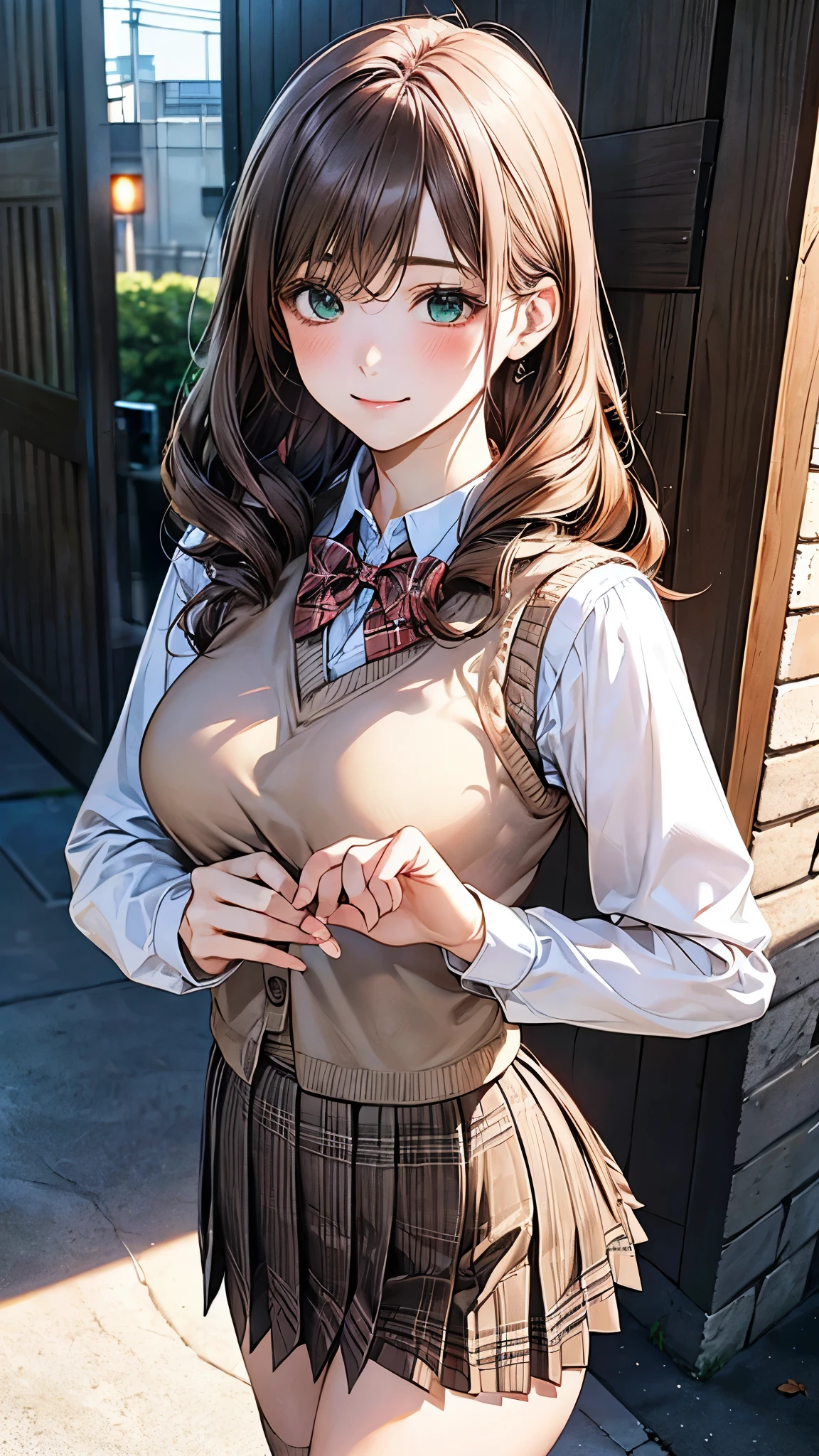 (masterpiece:1.2, top-quality), (realistic, photorealistic:1.4), beautiful illustration, (natural side lighting, movie lighting), 
looking at viewer, cowboy shot, front view:0.6, 1 girl, japanese, high school girl, perfect face, cute and symmetrical face, shiny skin, 
(long hair:1.8, drill hair:1.7, dark brown hair), hair between eye, emerald green eyes, long eye lasher, (large breasts:0.9, thick thighs), 
beautiful hair, beautiful face, beautiful detailed eyes, beautiful clavicle, beautiful body, beautiful chest, beautiful thigh, beautiful legs, beautiful fingers, 
((light pink long sleeve collared shirts, light brown plaid pleated mini skirt, socks, brown loafers, red pleated bow tie, beige sleeveless knitted vest)), pink panties, 
(beautiful scenery), evening, riverside, walking, hands on chest, (lovely smile, upper eyes), 