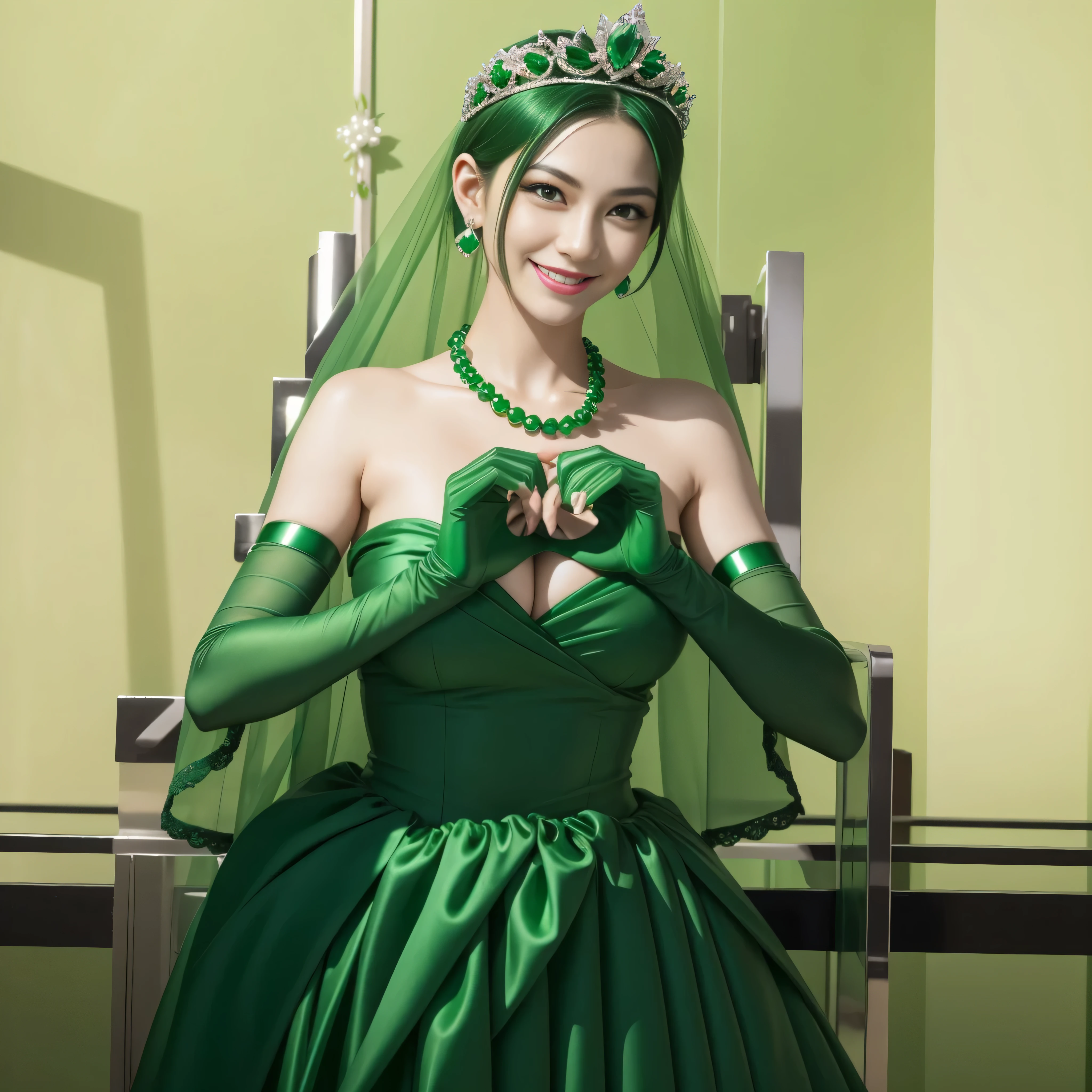 emerald tiara, green pearl necklace, boyish very short green hair, lipstick, smiling Japanese woman, very short hair, Beauty with large breasts, green eyes, Long Green Satin Gloves, green eyes, emerald earrings, green veil, heart with both hands