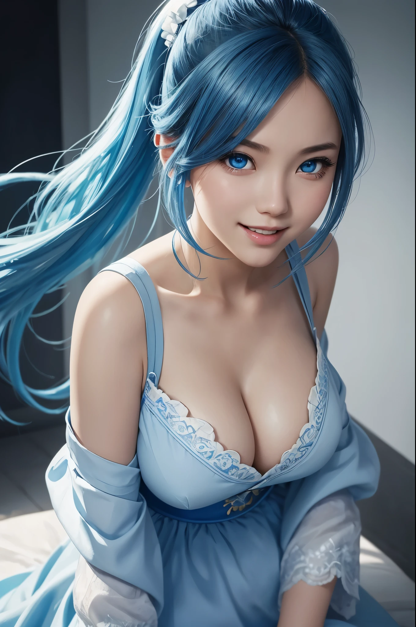 8K,Close up portrait of woman in blue and white dress,blue hair, Super beautiful,(Like the real thing)blue eyes,ponytail,Chenwei Pan On Art Station、 By Jan J.、 detailed fantasy art、great character art、 fan art best art station、 amazing exquisite character art、highly detailed art germ、 Detailed Digital Animation Art、 ArtStation Pixiv の Artgerm、 girl wearing blue and white clothes,dynamic angle,Super high resolution,laughter,skin that looks real,attractive,Sexy,Active,