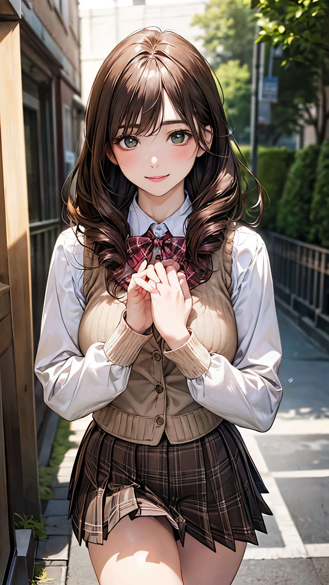 (masterpiece:1.2, top-quality), (realistic, photorealistic:1.4), beautiful illustration, (natural side lighting, movie lighting),
looking at viewer, cowboy shot, front view:0.6, 1 girl, japanese, high school girl, perfect face, cute and symmetrical face, shiny skin,
(long hair:1.8, drill hair:1.7, dark brown hair), hair between eye, emerald green eyes, long eye lasher, (large breasts:0.9, thick thighs),
beautiful hair, beautiful face, beautiful detailed eyes, beautiful clavicle, beautiful body, beautiful chest, beautiful thigh, beautiful legs, beautiful fingers,
((light pink long sleeve collared shirts, light brown plaid pleated mini skirt, socks, brown loafers, red pleated bow tie, beige sleeveless knitted vest)), pink panties,
(beautiful scenery), evening, riverside, walking, hands on chest, (lovely smile, upper eyes),