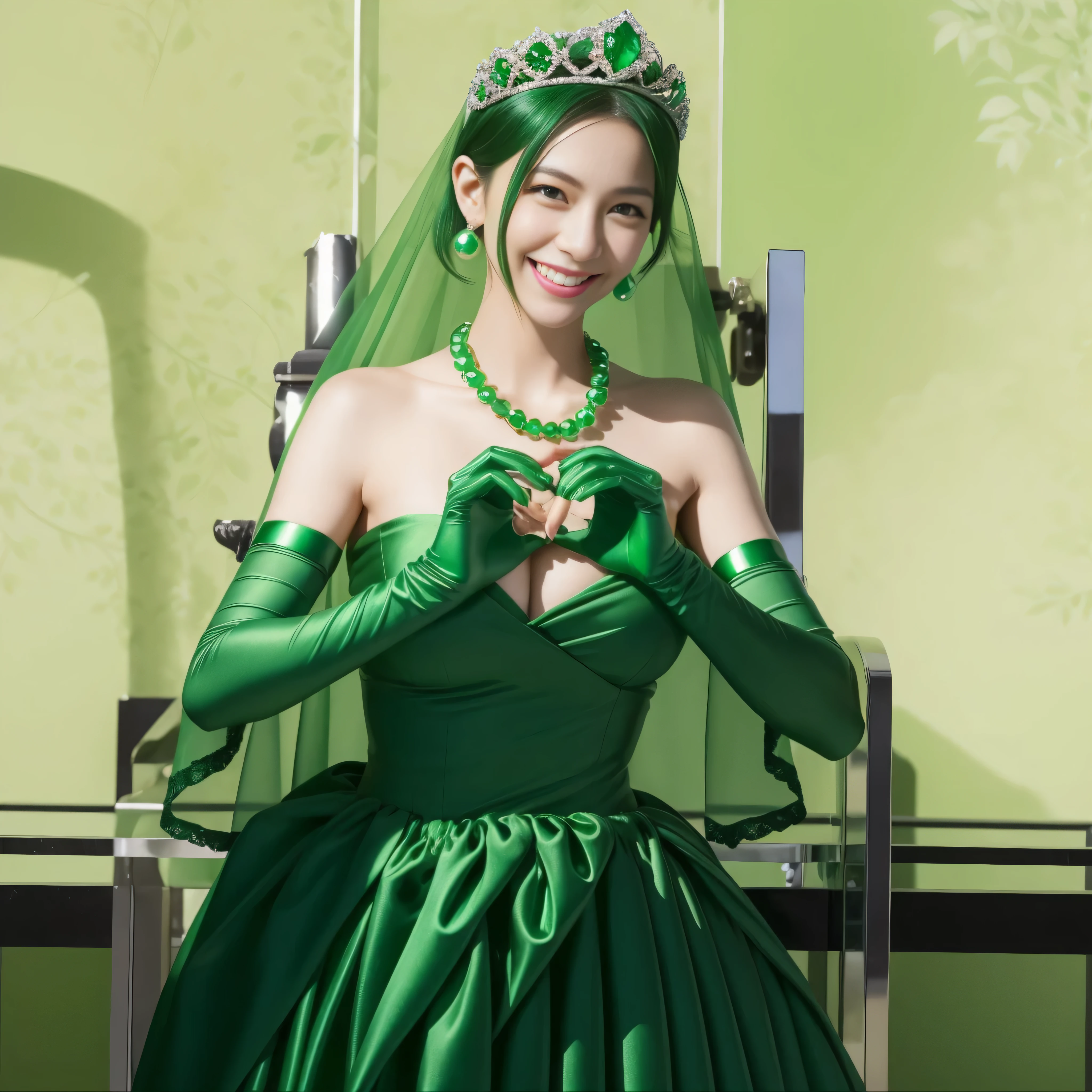 emerald tiara, green pearl necklace, boyish very short green hair, lipstick, smiling Japanese woman, very short hair, Beauty with large breasts, green eyes, Long Green Satin Gloves, green eyes, emerald earrings, green veil, heart with both hands