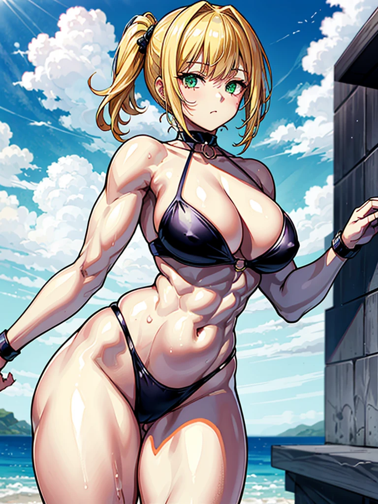 （（（masterpiece、Highest image quality、highest quality、highly detailed unity 8ｋwallpaper）））、（（Illustration of one girl））、（（（beautiful girl、cool）））、（（blonde、pixie cut：1.2、two side up、sidelocks、green eyes））、（（（tall、stocky build, thickset physique：1.3, muscular legs, broad shoulders, solid chest）））、swimsuit、sandy beach