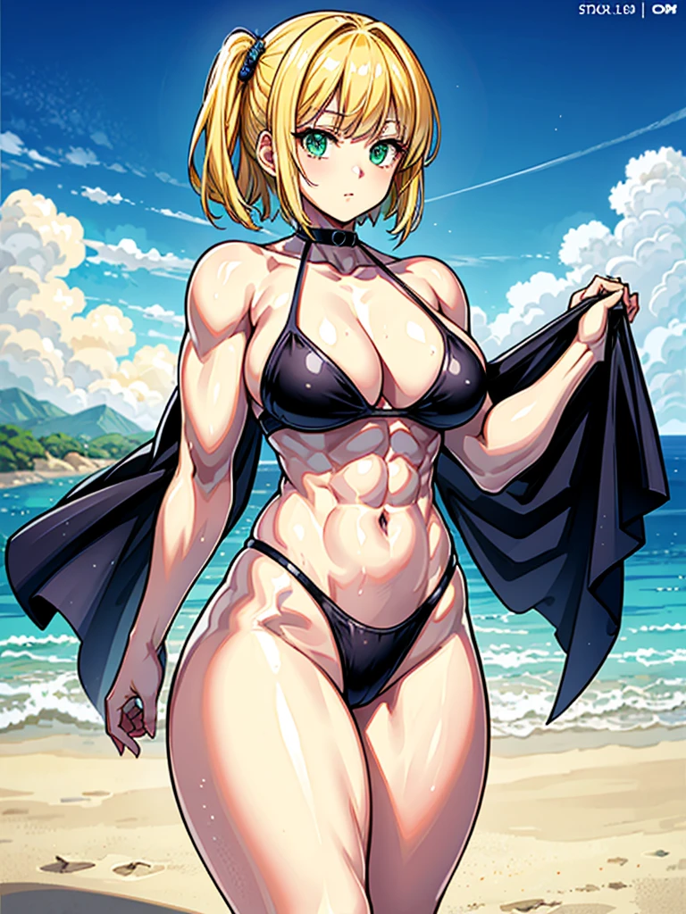 (((masterpiece、Highest image quality、highest quality、highly detailed unity 8kwallpaper)))、((Illustration of one girl))、(((beautiful girl、cool)))、((blonde、pixie cut:1.2、two side up、sidelocks、green eyes))、(((tall、stocky build, thickset physique:1.3, muscular legs, broad shoulders, solid chest)))、swimsuit、sandy beach